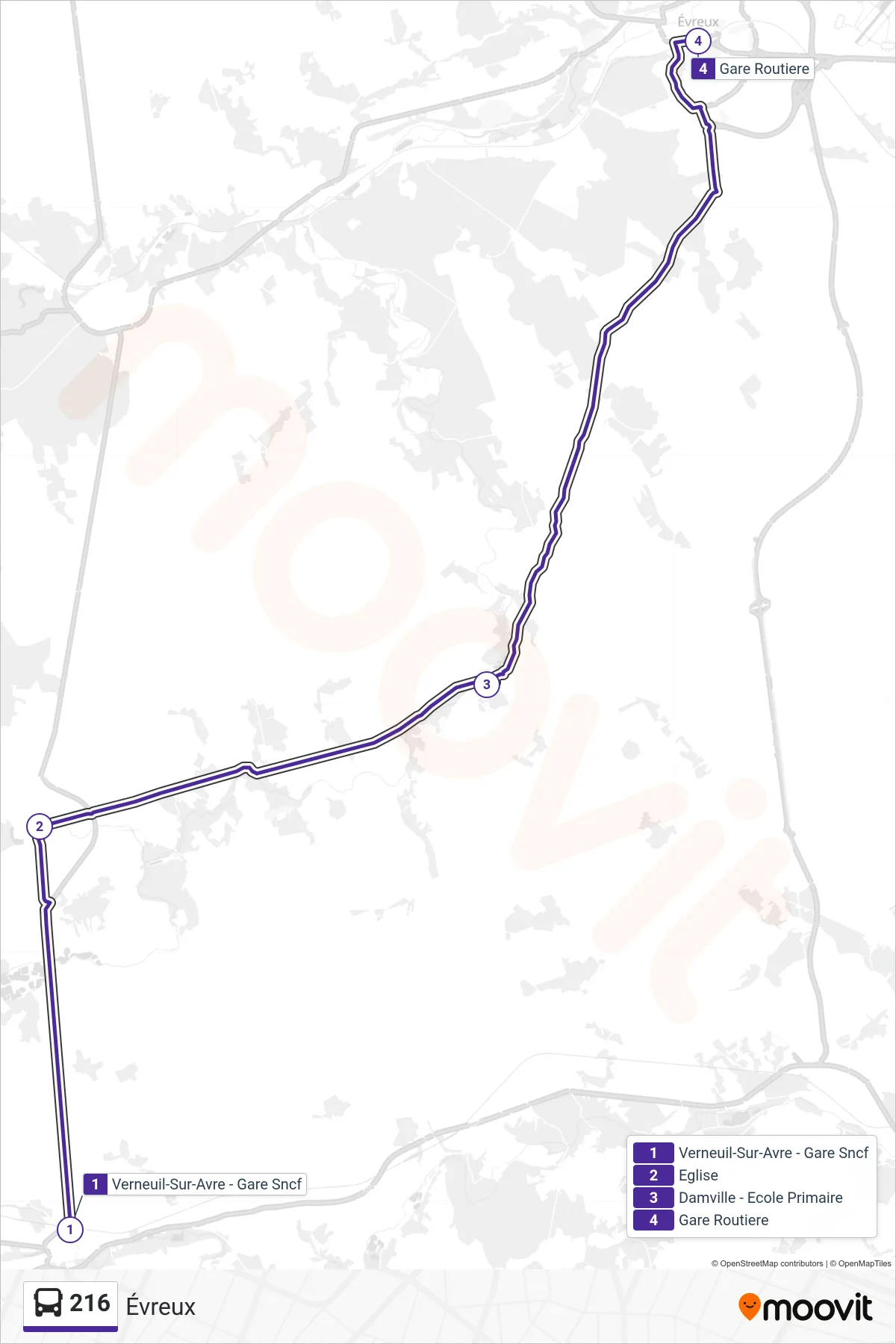 Tracé et arrêts de la ligne 216 de bus (Évreux) sur une carte