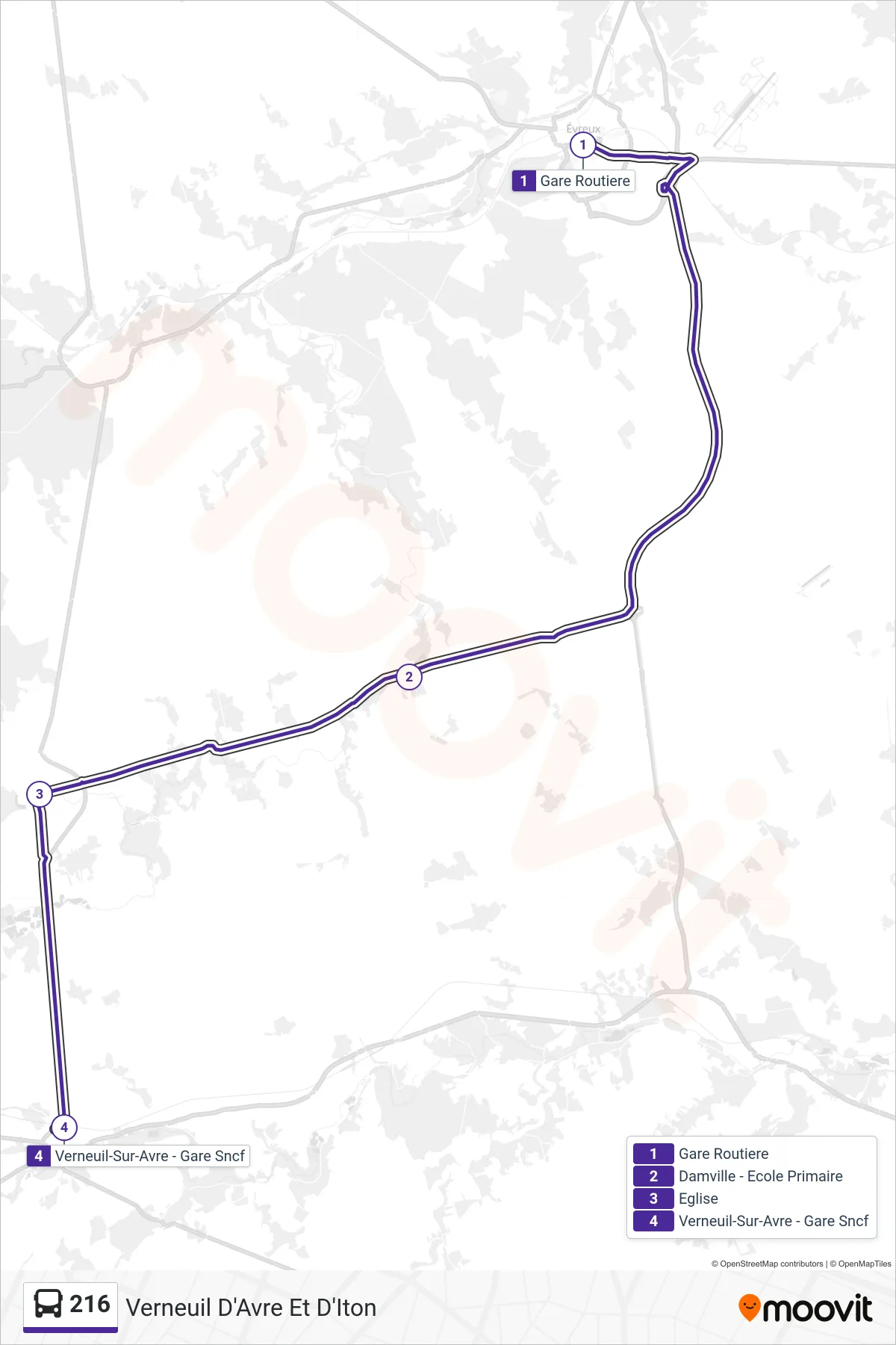 Tracé et arrêts de la ligne 216 de bus (Verneuil D'Avre Et D'Iton) sur une carte