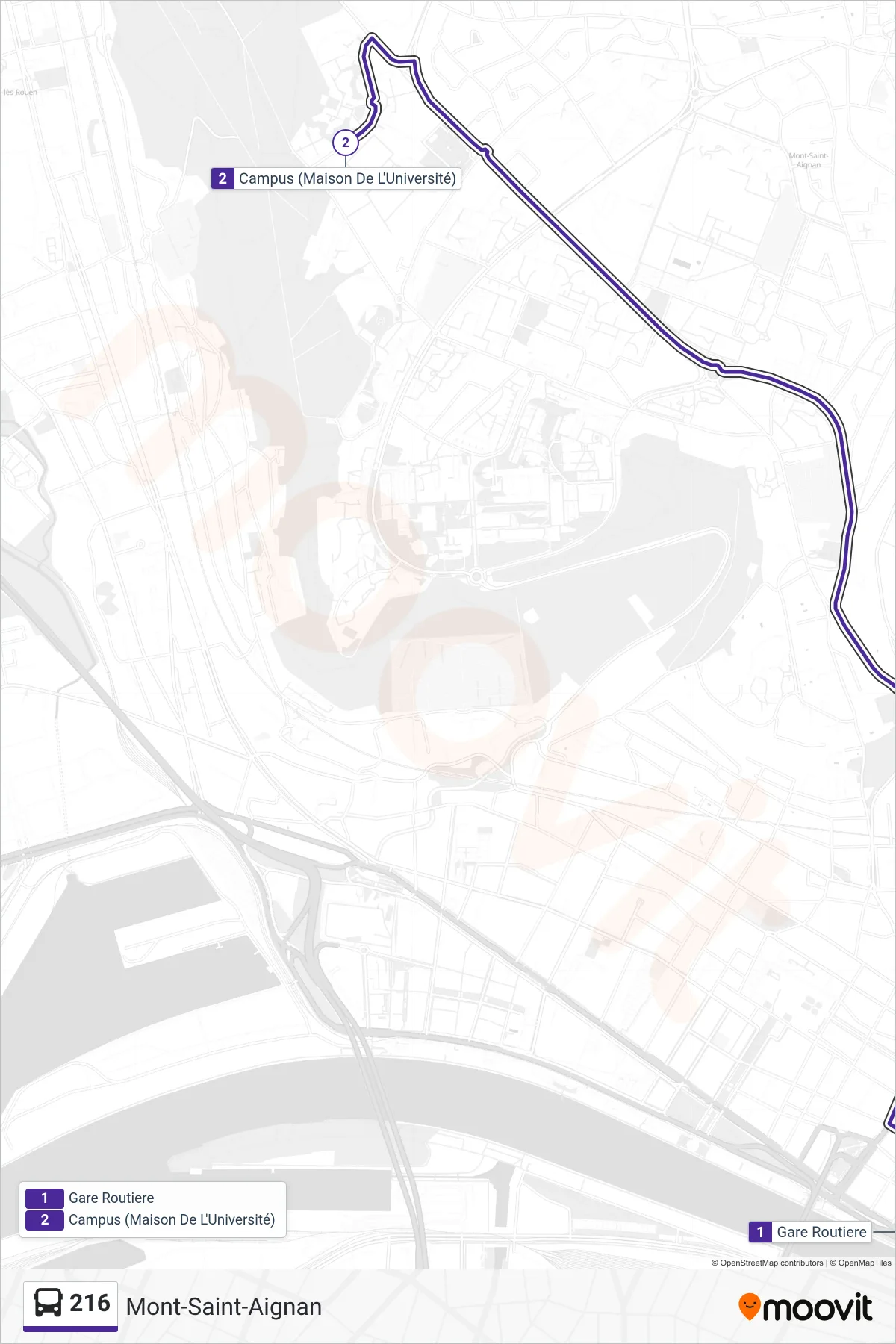 Recorrido y paradas de la línea 216 de autobús (Mont-Saint-Aignan) en el mapa