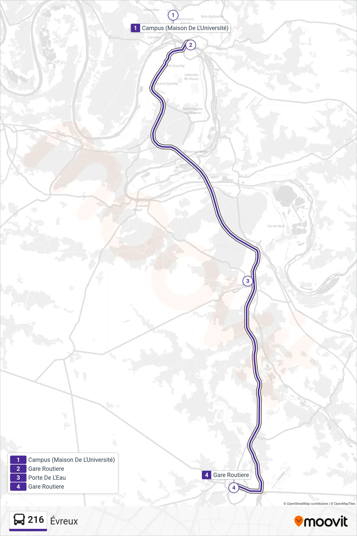 Tracé et arrêts de la ligne 216 de bus (Évreux) sur une carte