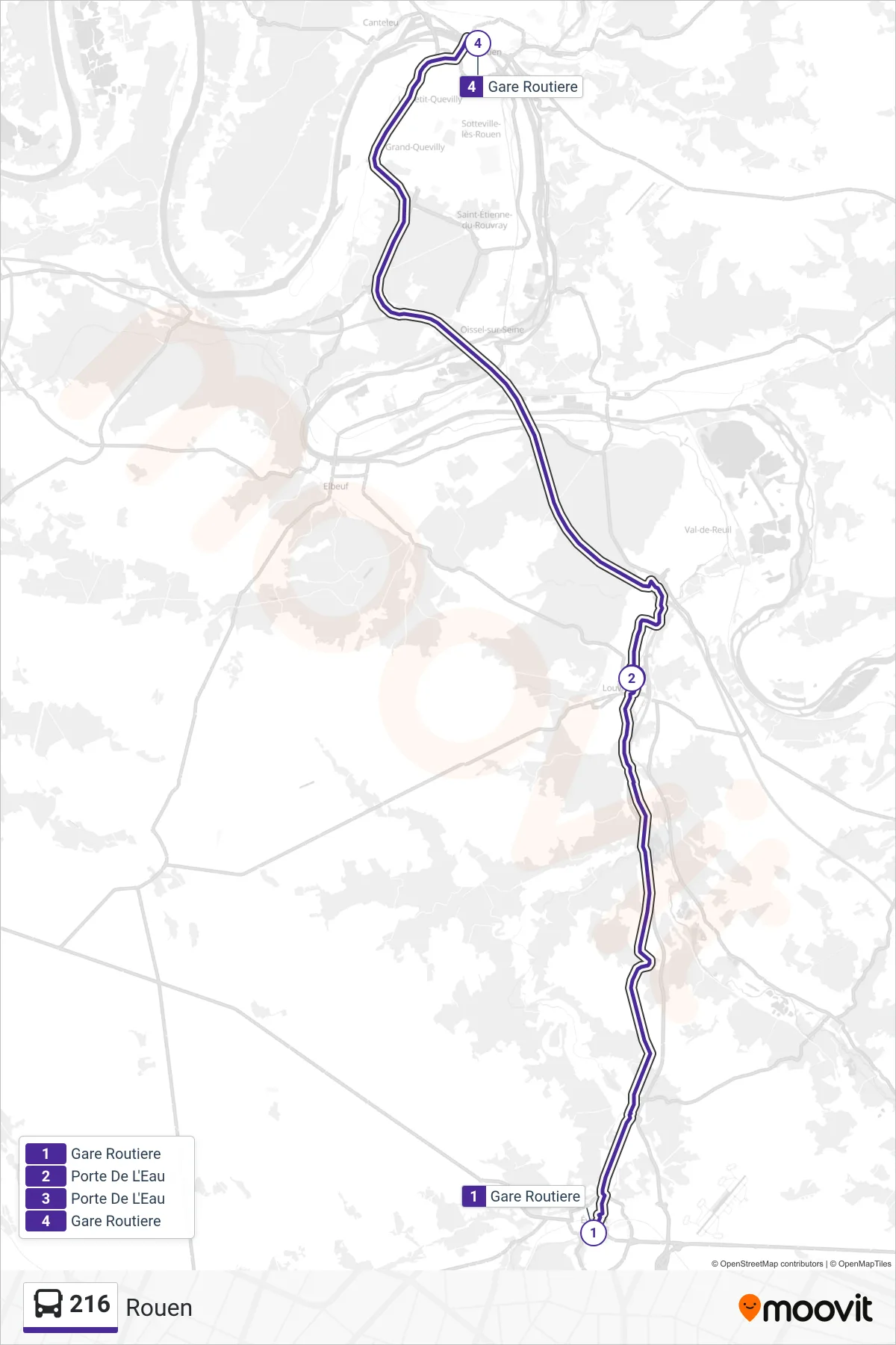 Tracé et arrêts de la ligne 216 de bus (Rouen) sur une carte