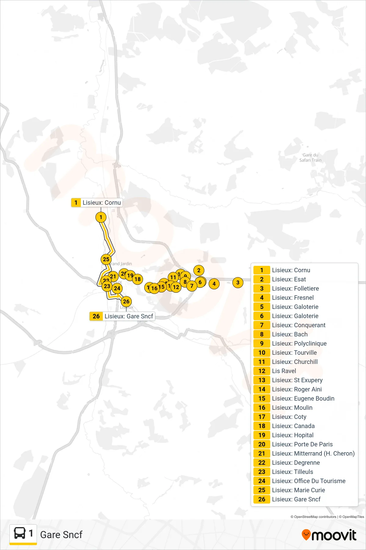 Recorrido y paradas de la línea 1 de autobús (Gare Sncf) en el mapa