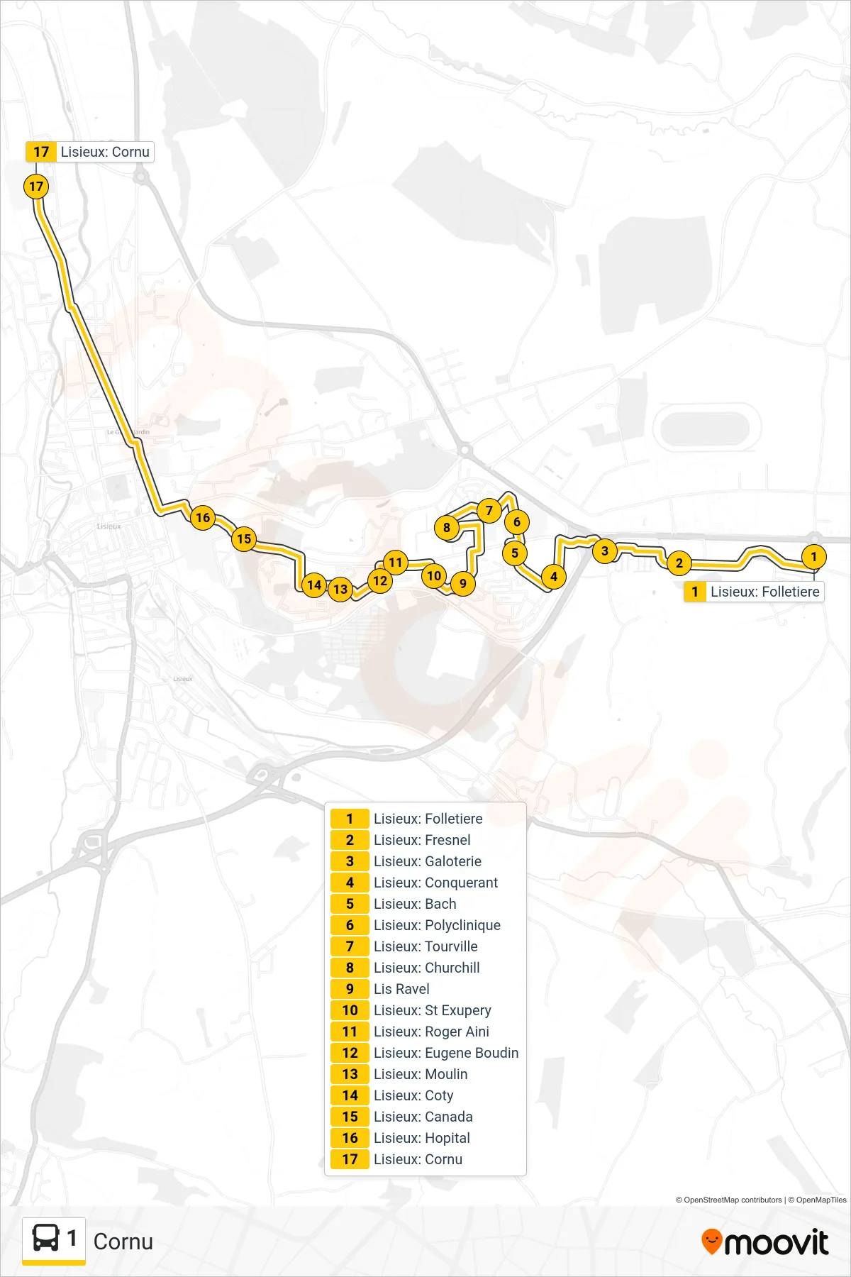 Tracé et arrêts de la ligne 1 de bus (Cornu) sur une carte