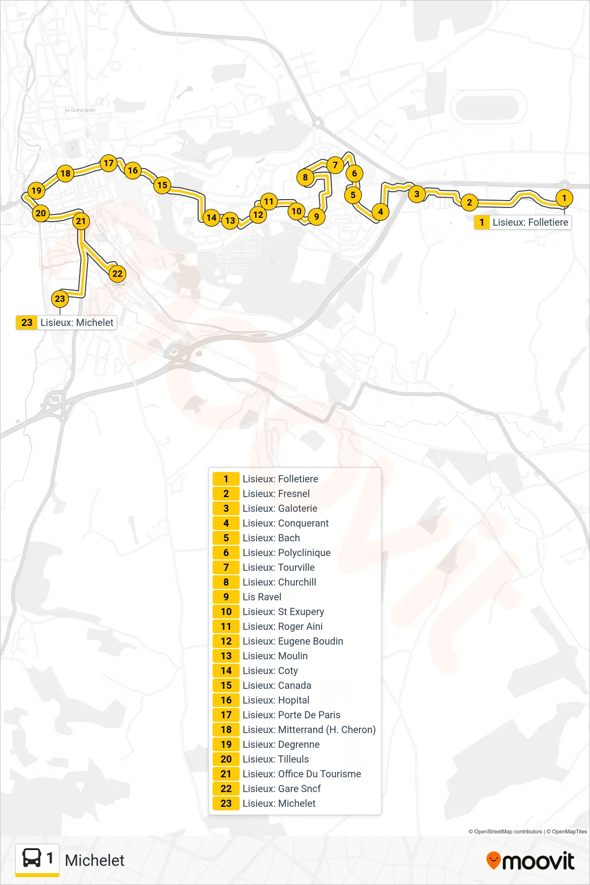 Tracé et arrêts de la ligne 1 de bus (Michelet) sur une carte