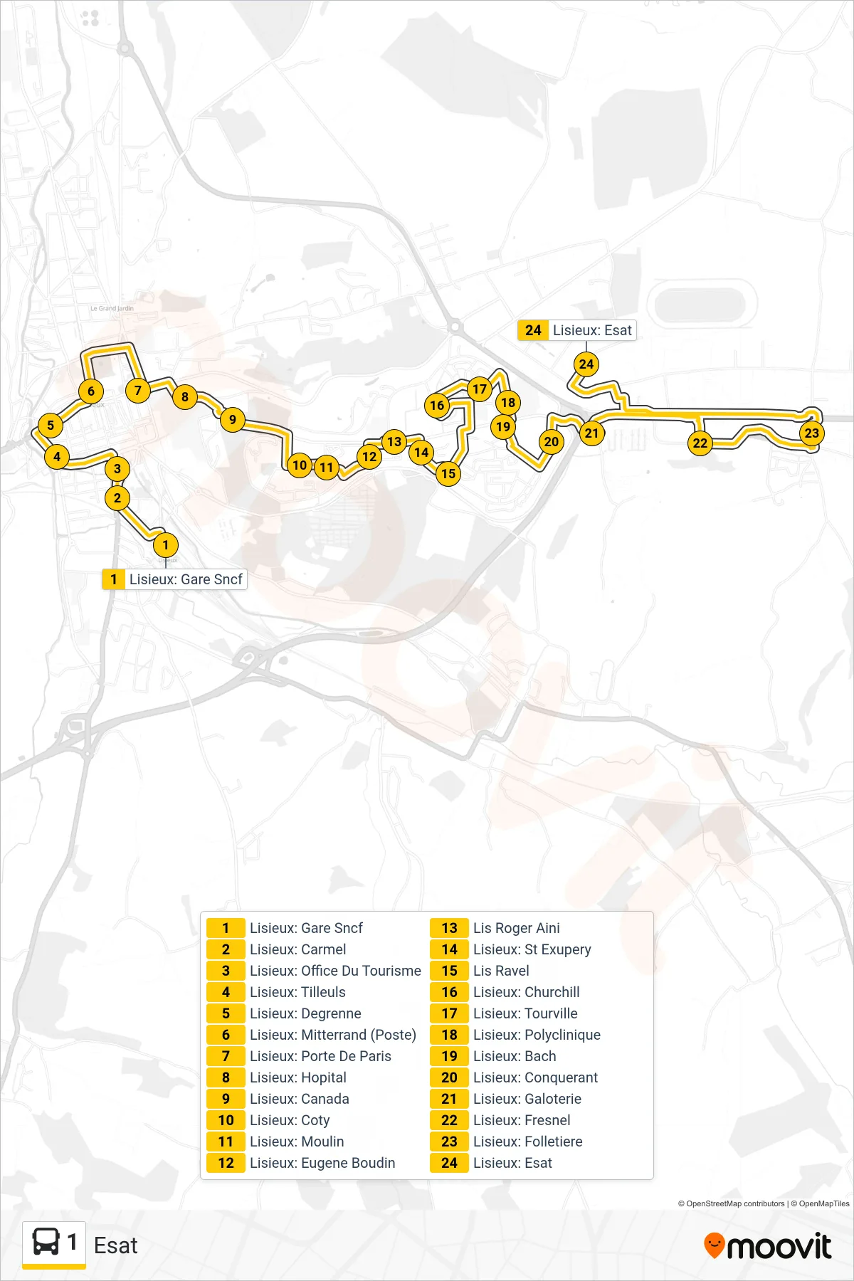 Tracé et arrêts de la ligne 1 de bus (Esat) sur une carte