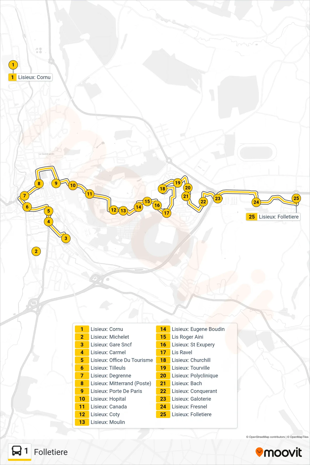 Tracé et arrêts de la ligne 1 de bus (Folletiere) sur une carte