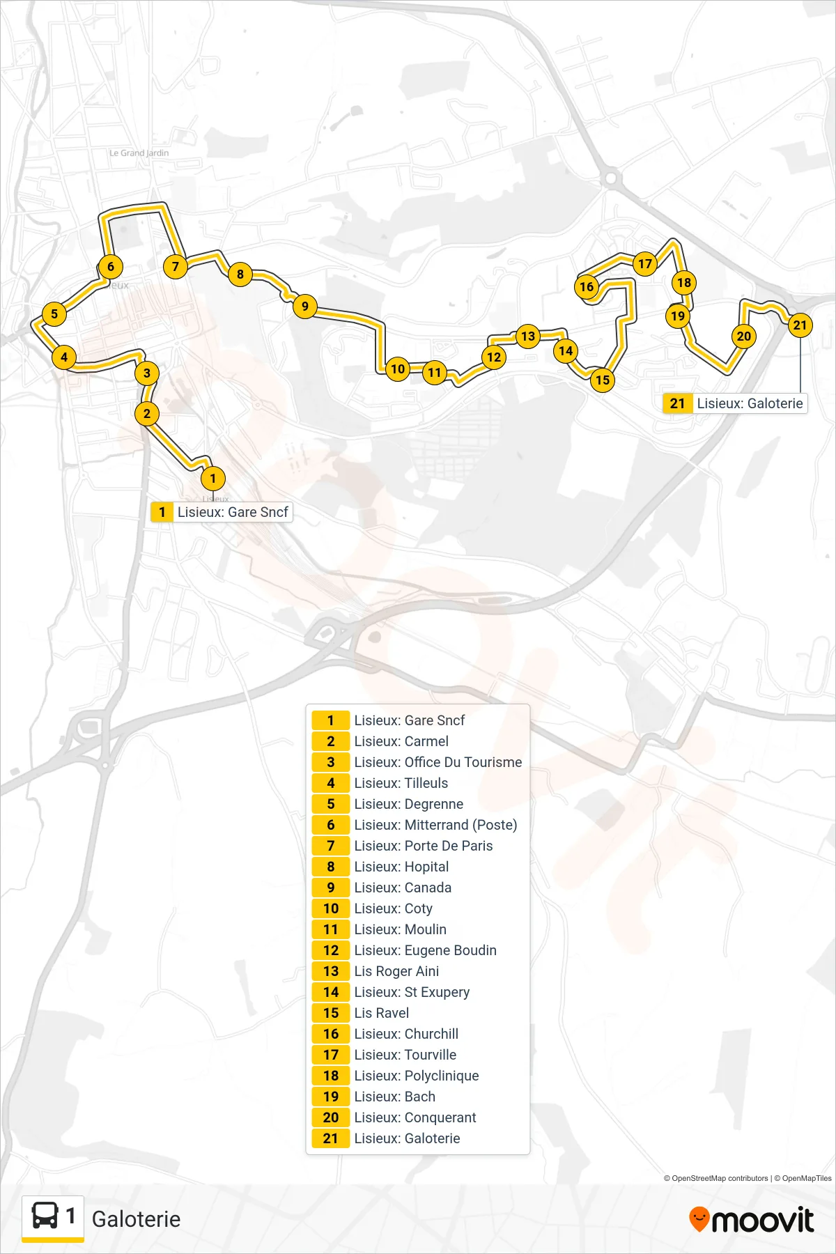 Recorrido y paradas de la línea 1 de autobús (Galoterie) en el mapa