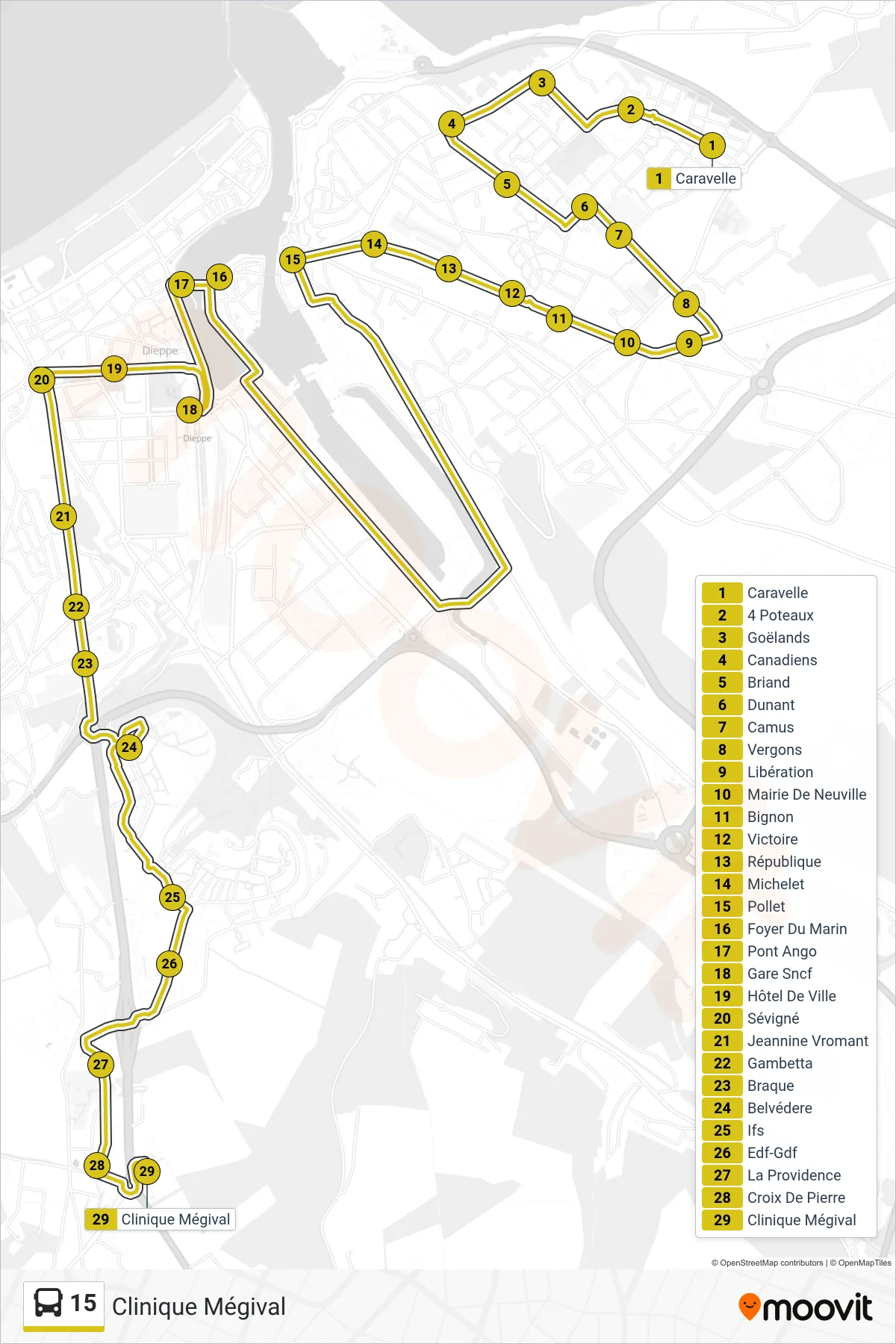 15 bus Line (Clinique Mégival) route and stops on a map