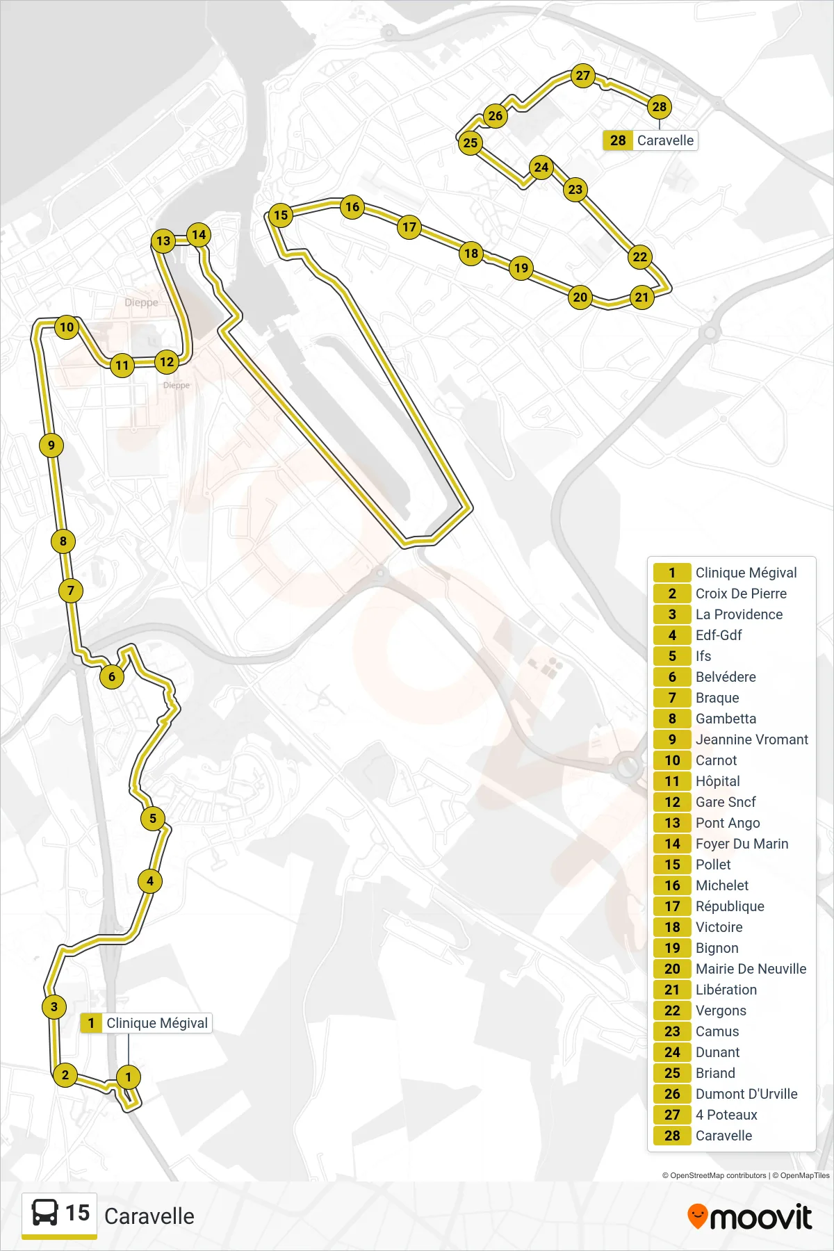 Tracé et arrêts de la ligne 15 de bus (Caravelle) sur une carte