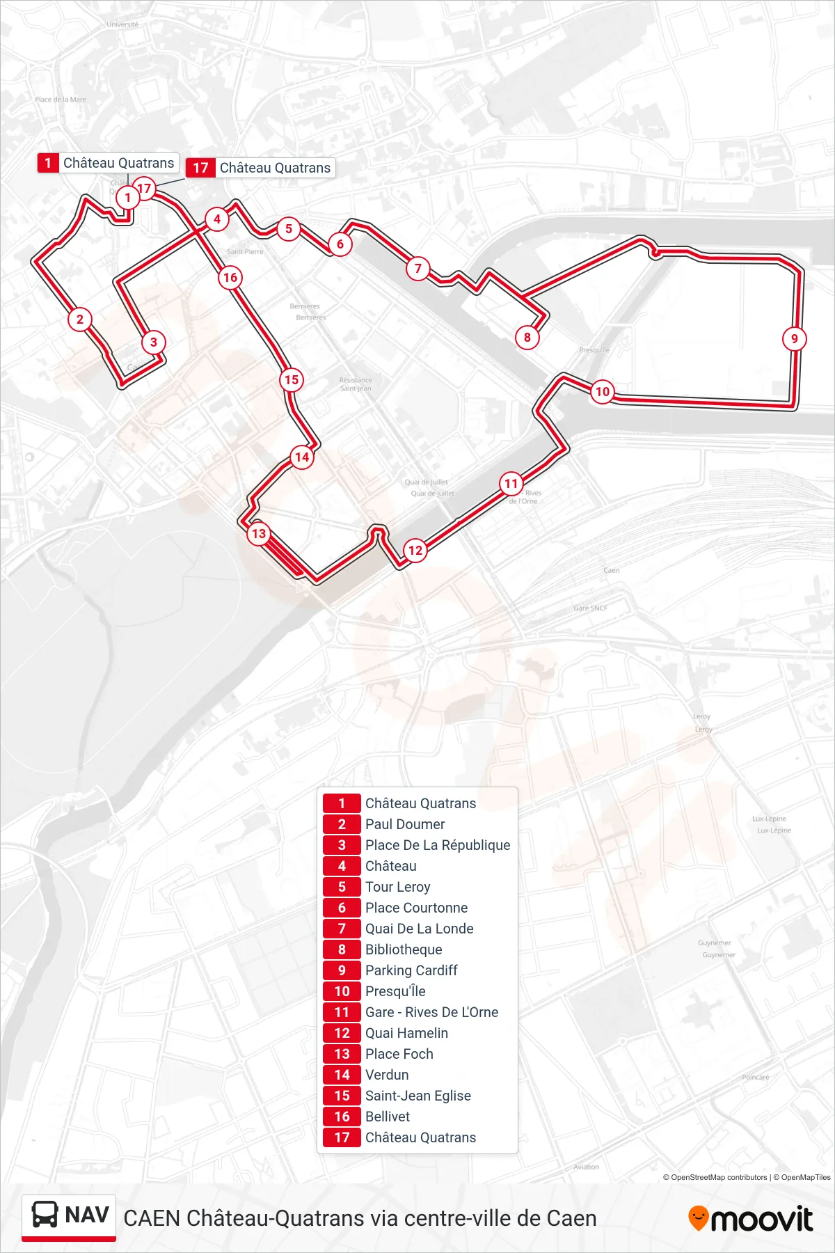 Tracé et arrêts de la ligne NAV de bus (Caen Château Quatrans) sur une carte