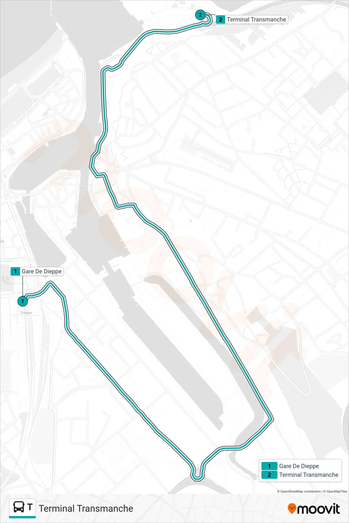 Tracé et arrêts de la ligne T de bus (Terminal Transmanche) sur une carte