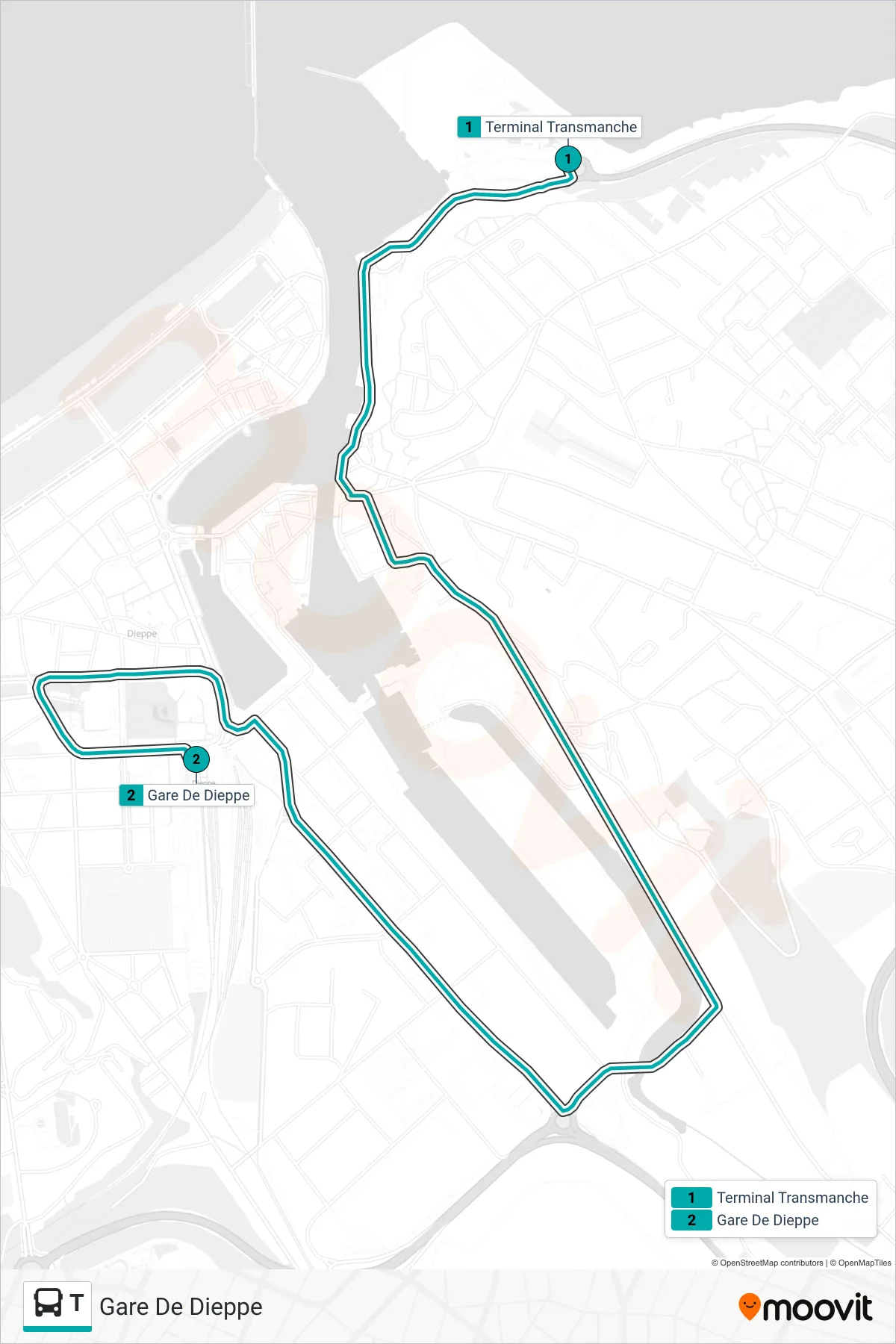 Tracé et arrêts de la ligne T de bus (Gare De Dieppe) sur une carte