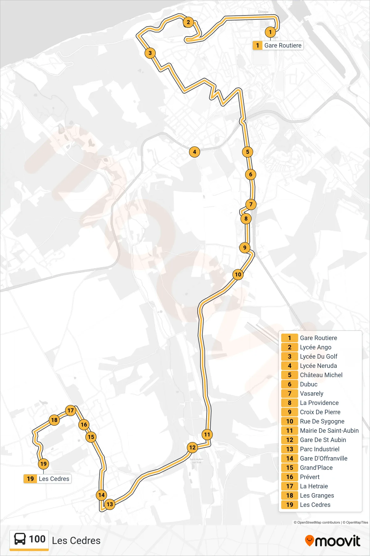 Tracé et arrêts de la ligne 100 de bus (Les Cedres) sur une carte