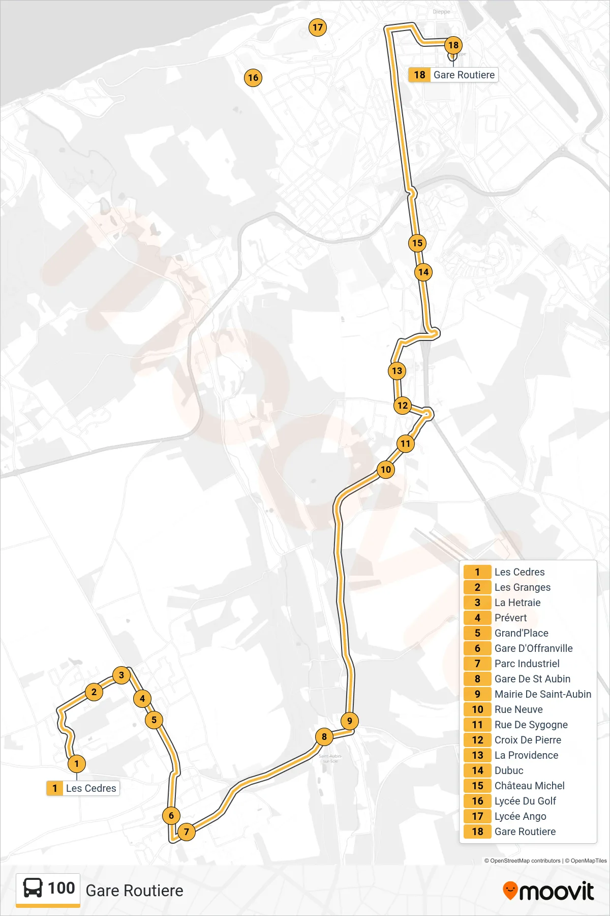Tracé et arrêts de la ligne 100 de bus (Gare Routiere) sur une carte