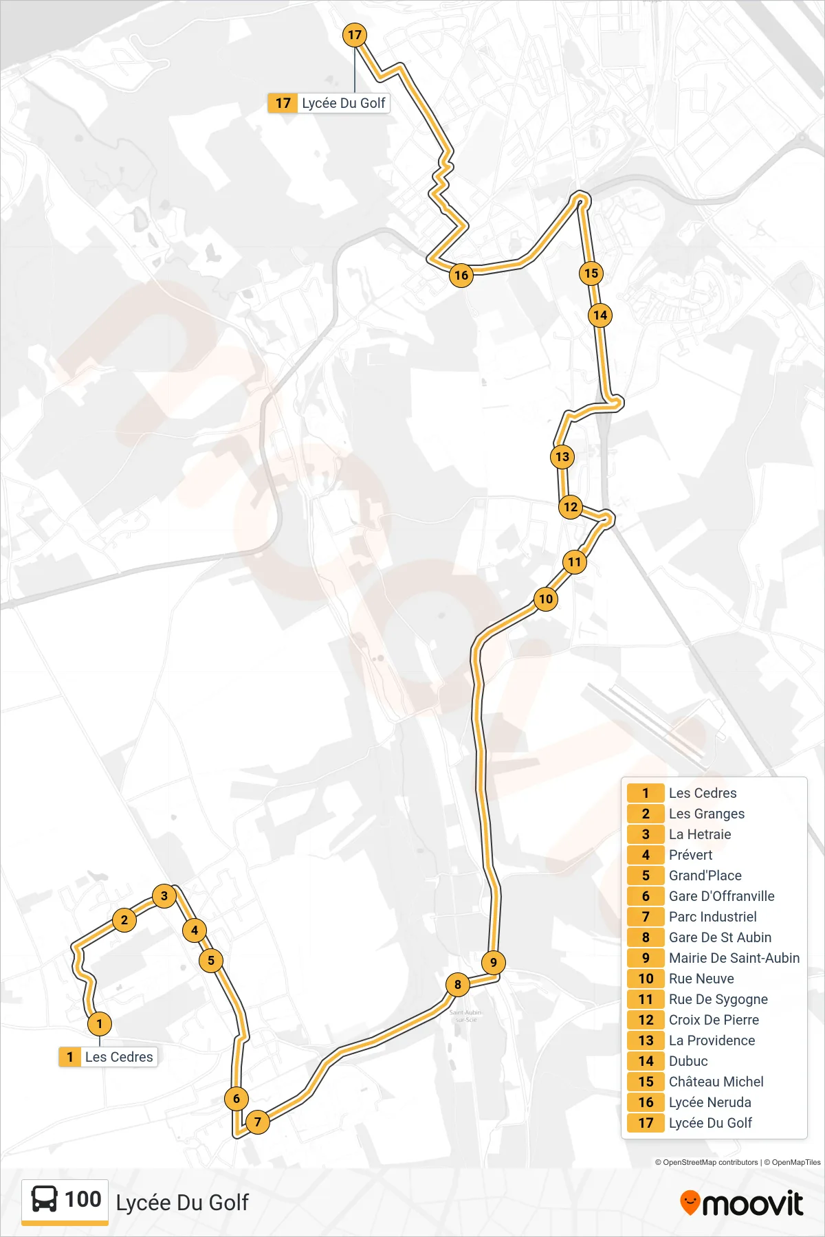 Tracé et arrêts de la ligne 100 de bus (Lycée Du Golf) sur une carte