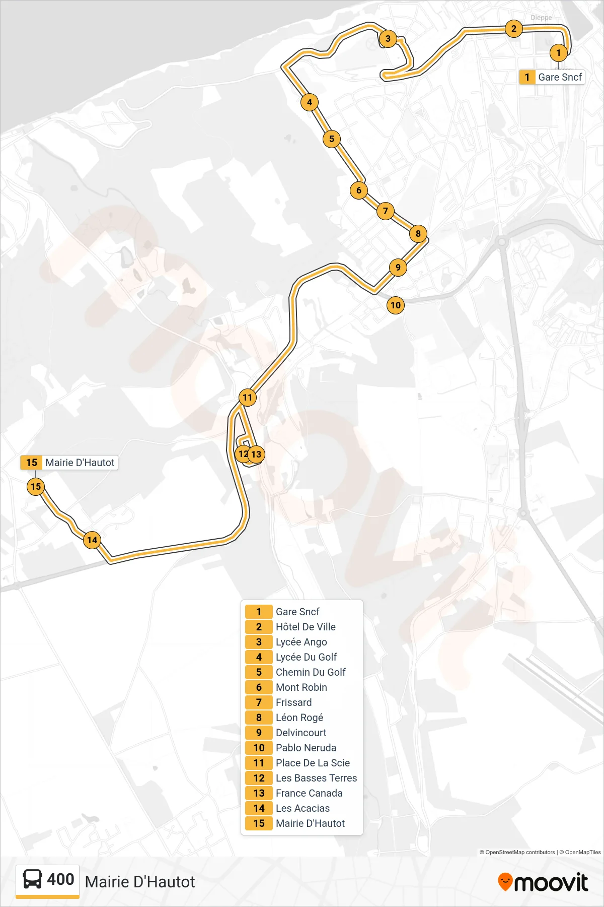 Tracé et arrêts de la ligne 400 de bus (Mairie D'Hautot) sur une carte