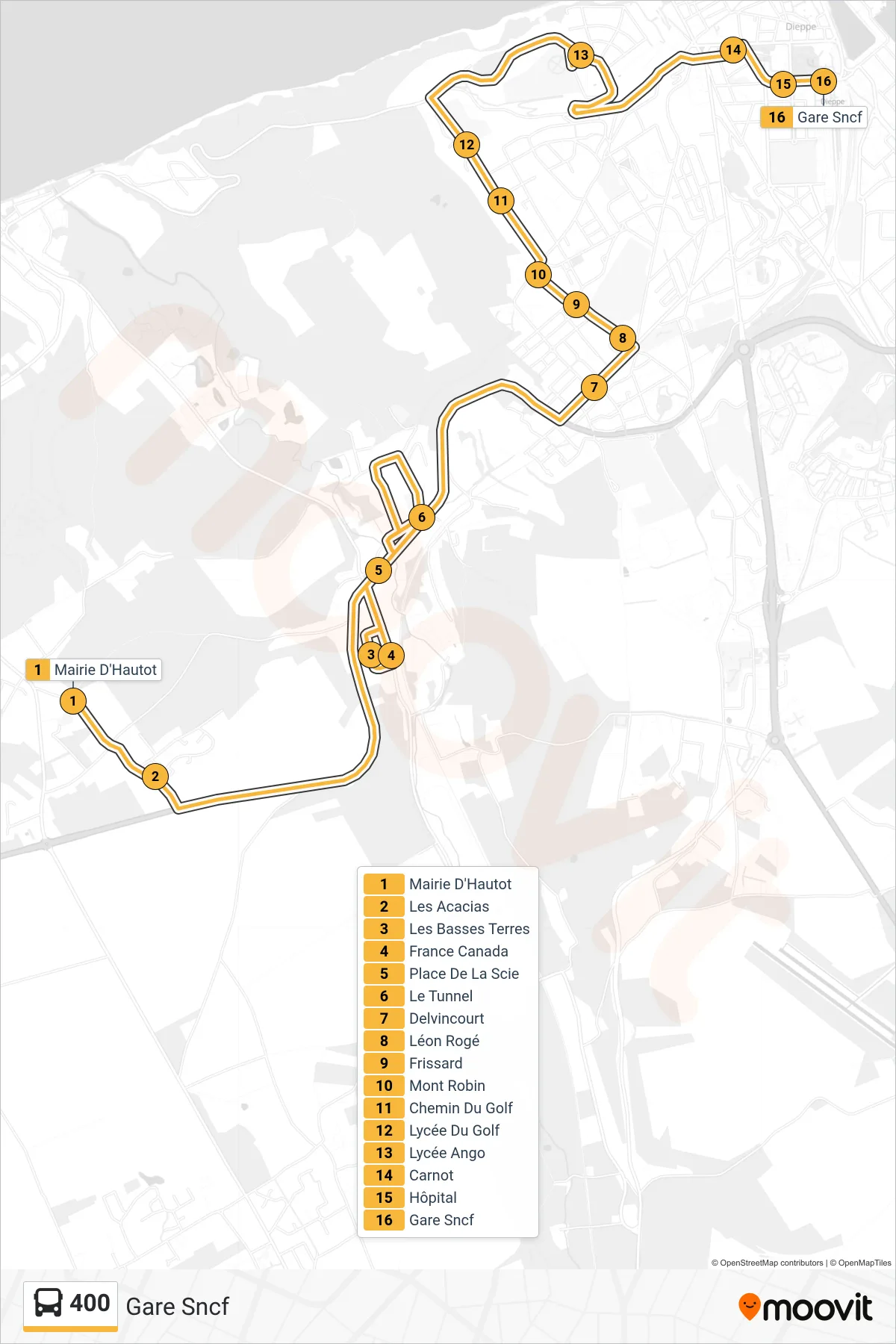 Tracé et arrêts de la ligne 400 de bus (Gare Sncf) sur une carte