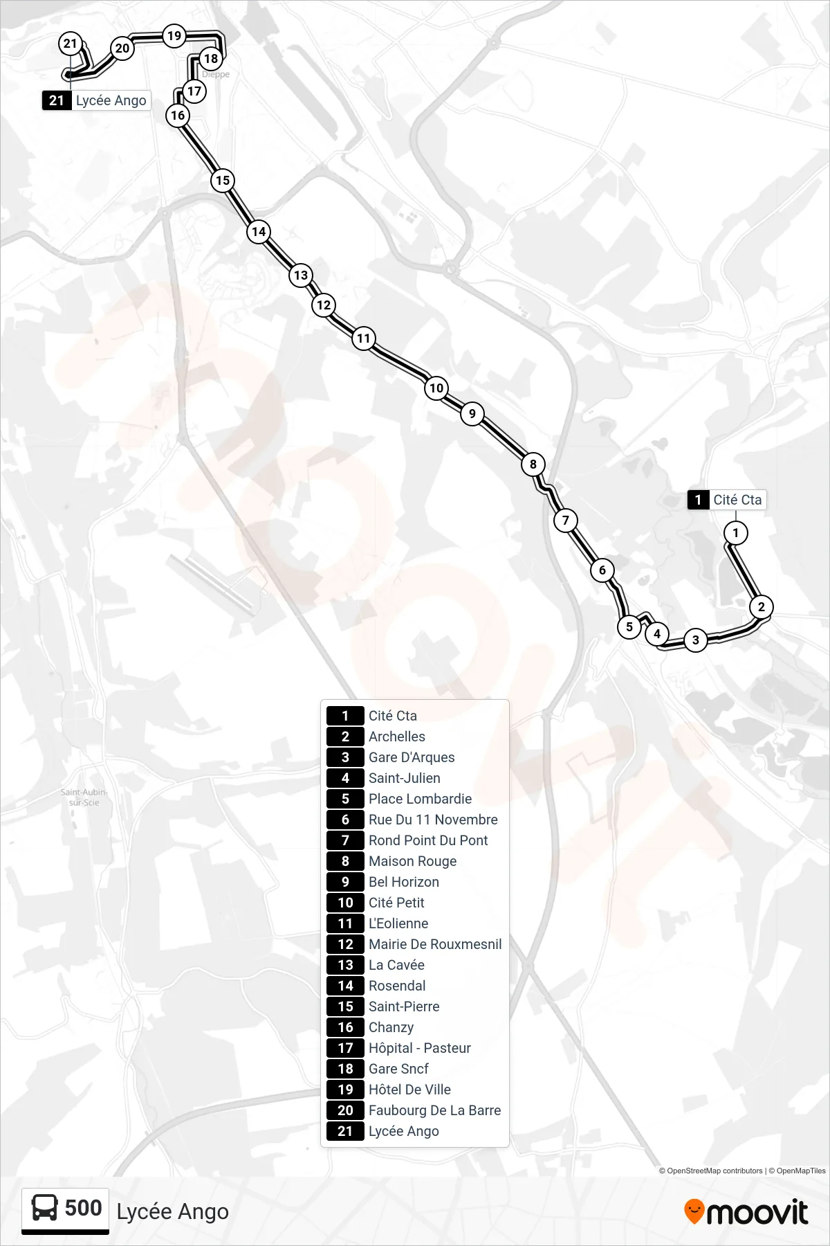 Tracé et arrêts de la ligne 500 de bus (Lycée Ango) sur une carte