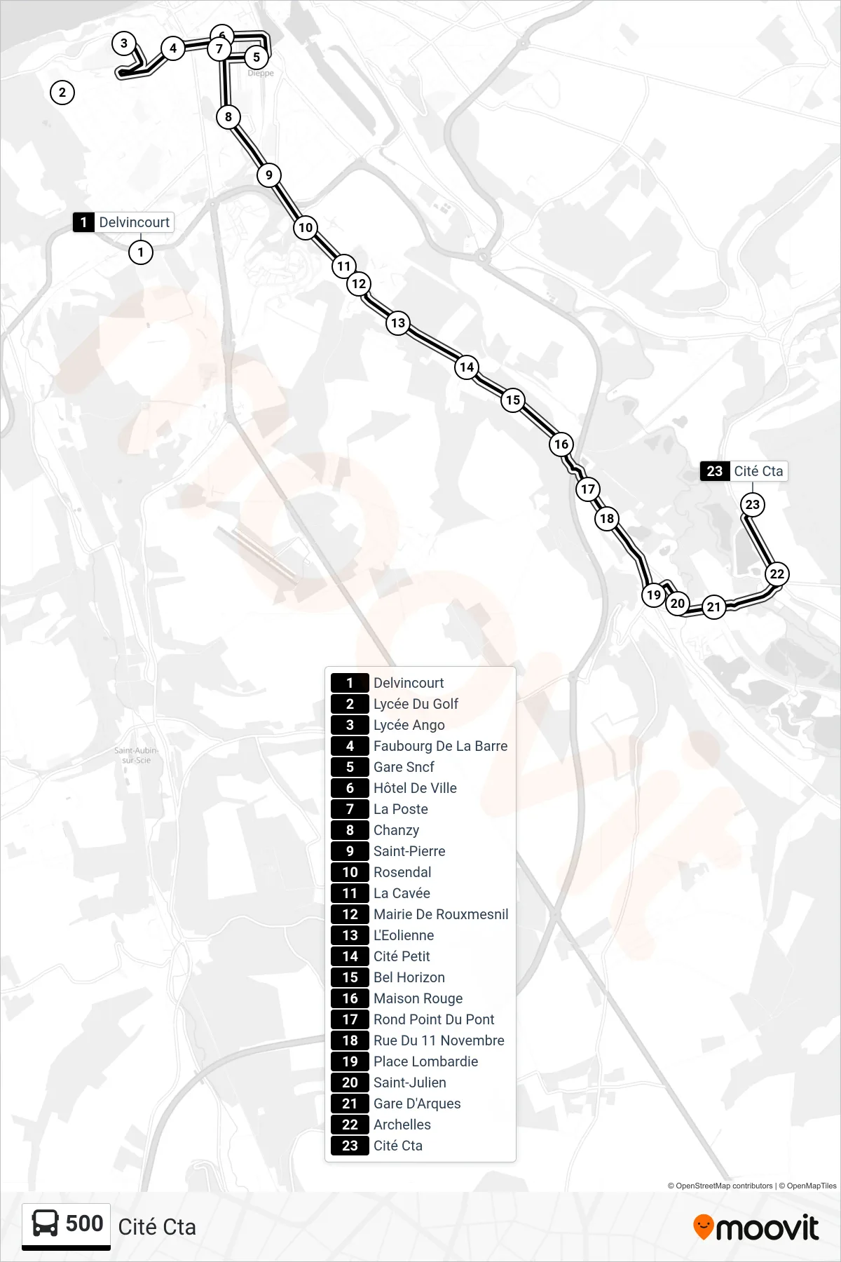 Tracé et arrêts de la ligne 500 de bus (Cité Cta) sur une carte