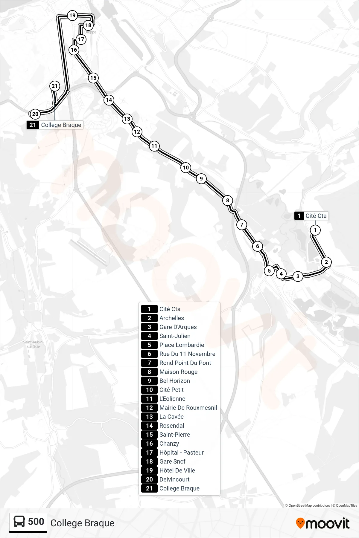 Tracé et arrêts de la ligne 500 de bus (College Braque) sur une carte