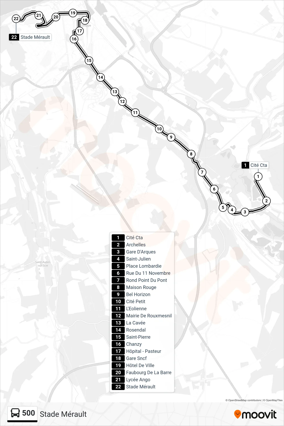 Tracé et arrêts de la ligne 500 de bus (Stade Mérault) sur une carte