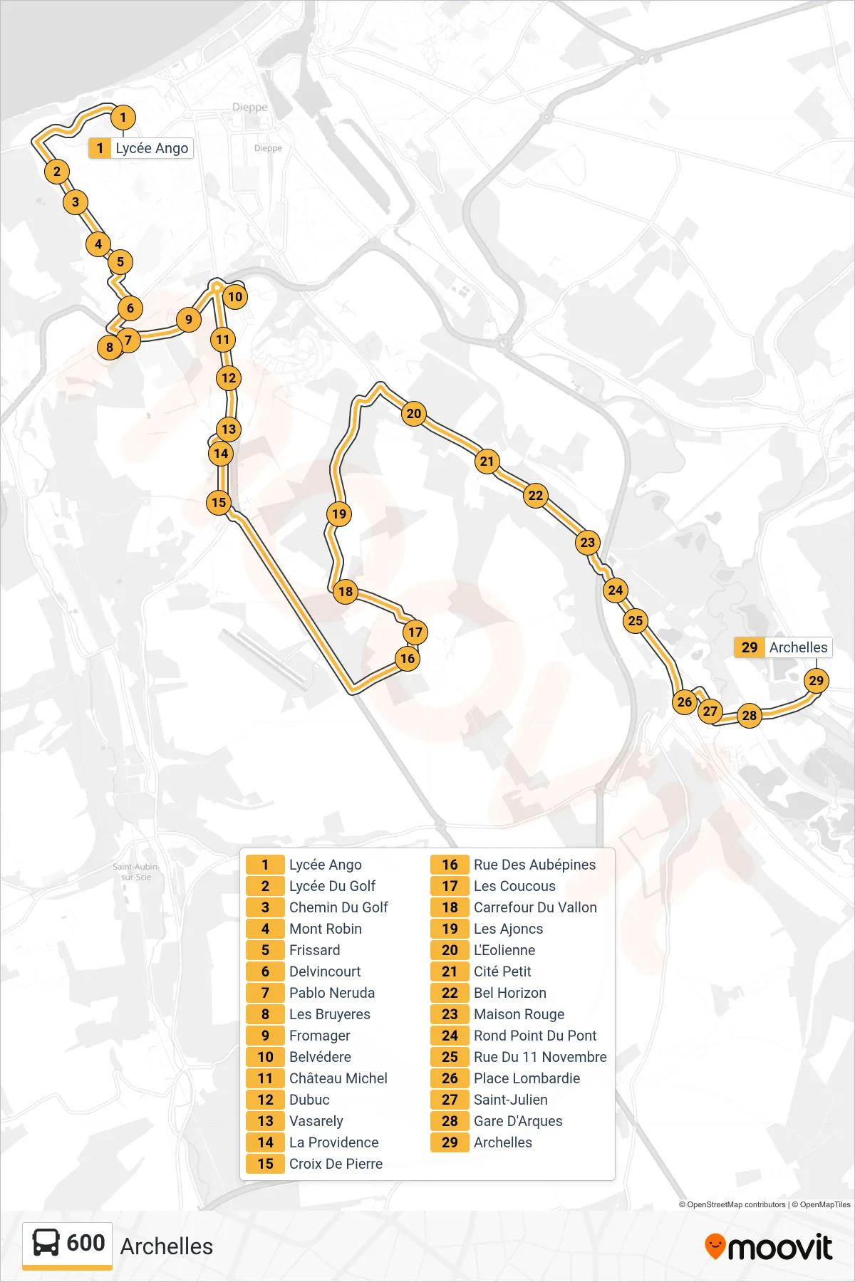Tracé et arrêts de la ligne 600 de bus (Archelles) sur une carte