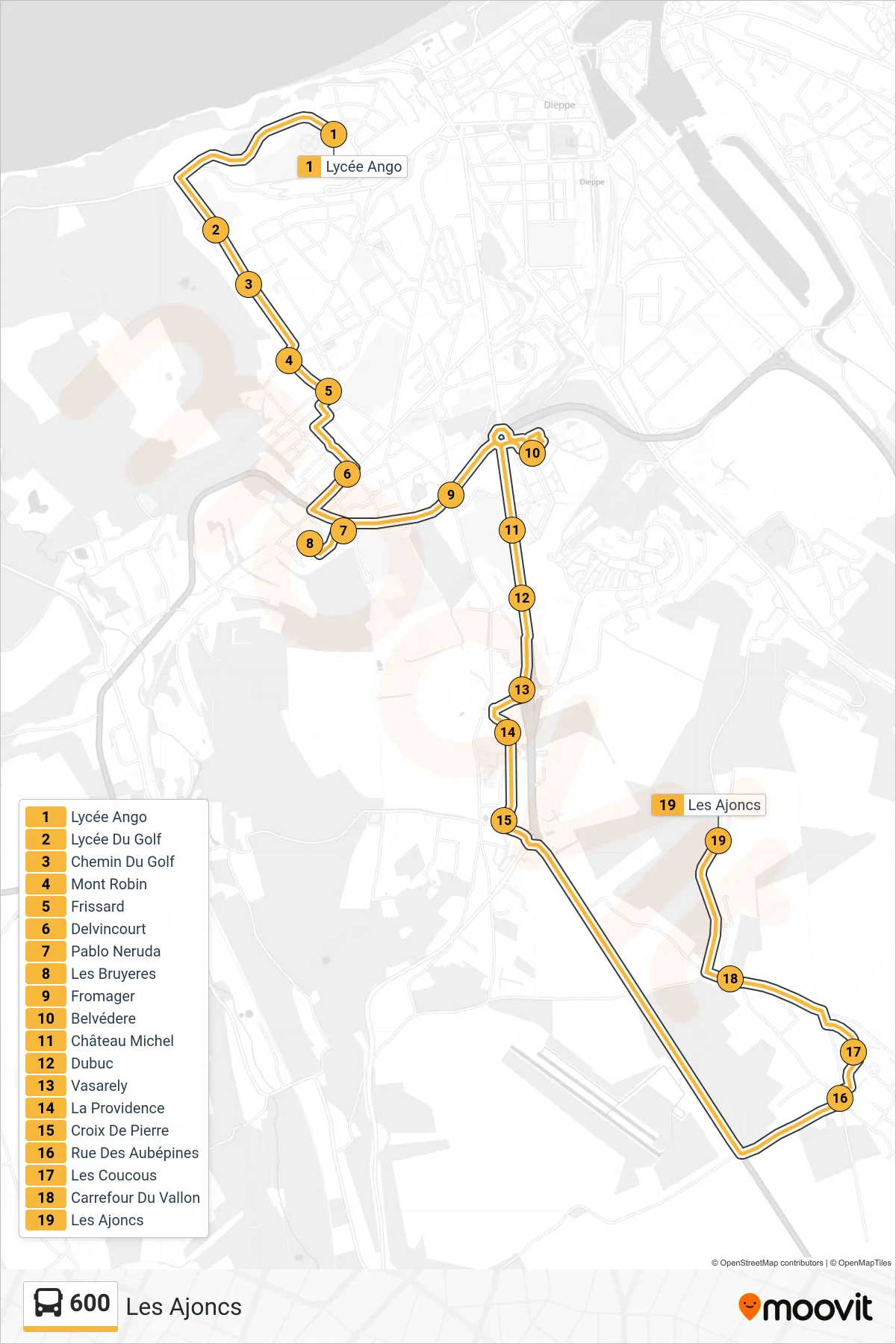 Tracé et arrêts de la ligne 600 de bus (Les Ajoncs) sur une carte