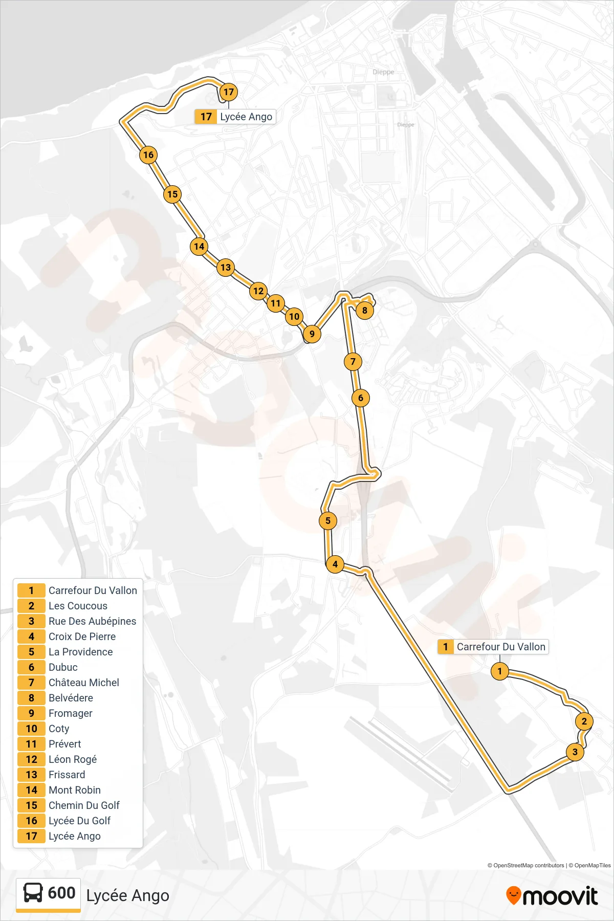 Tracé et arrêts de la ligne 600 de bus (Lycée Ango) sur une carte
