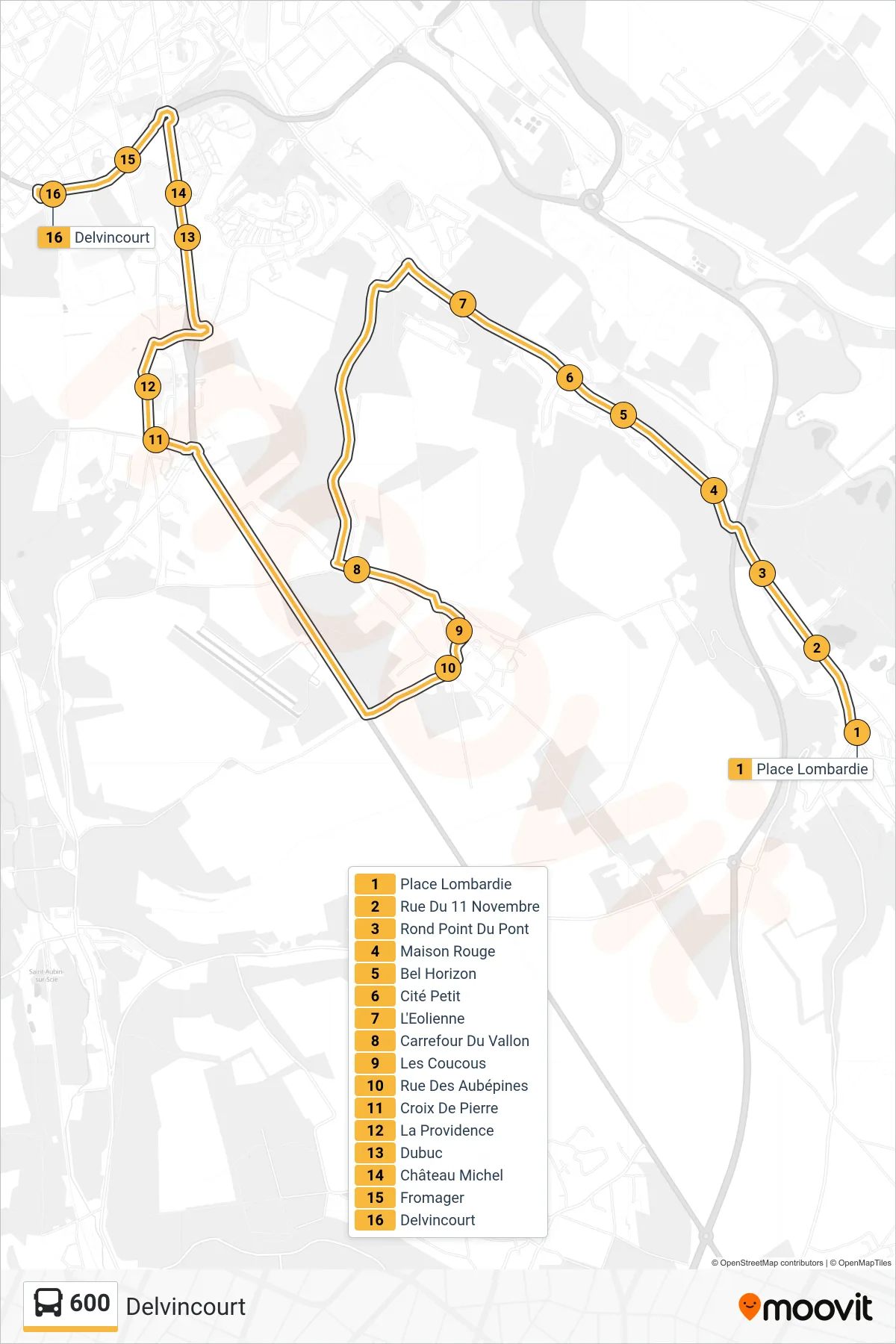 Recorrido y paradas de la línea 600 de autobús (Delvincourt) en el mapa