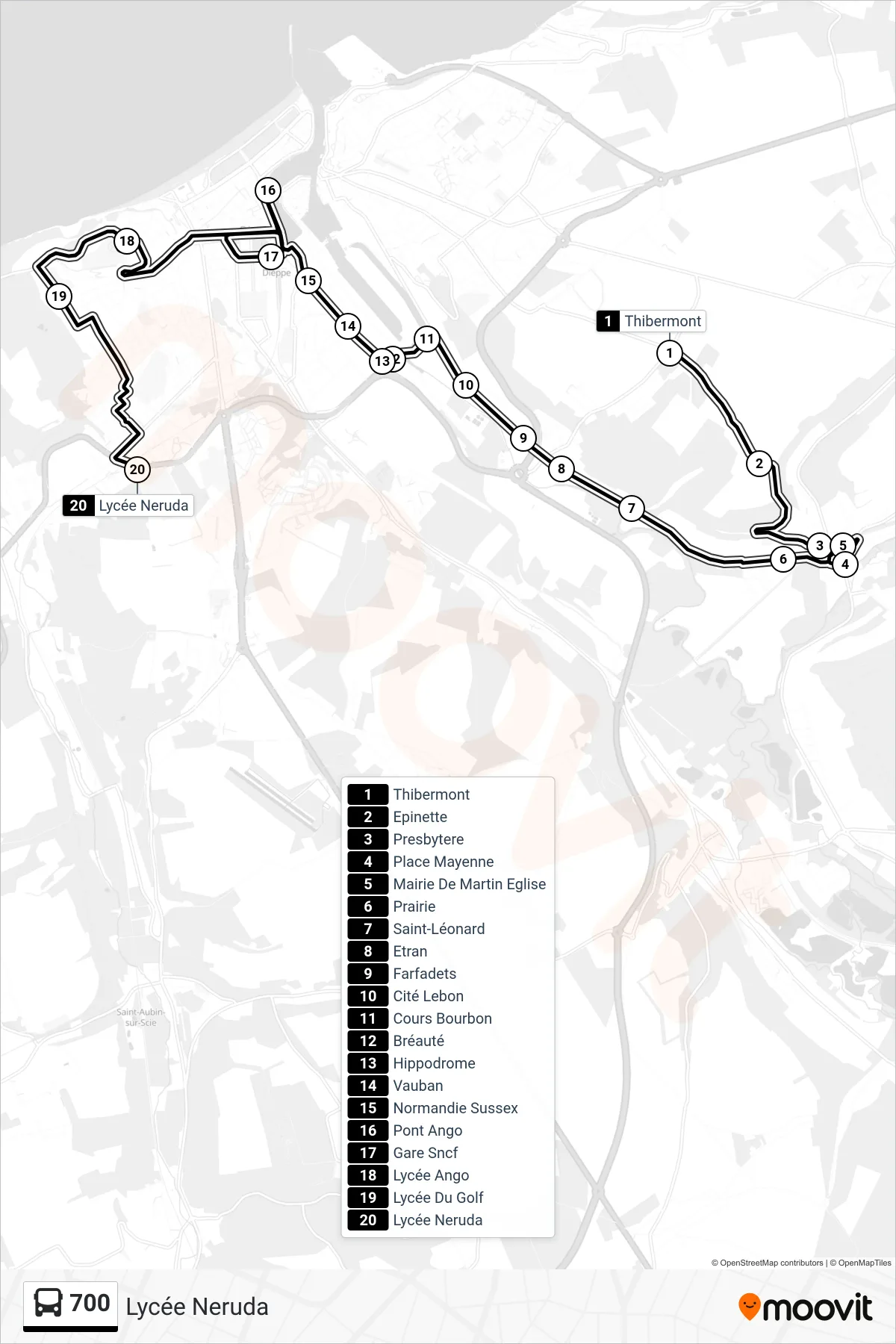 Tracé et arrêts de la ligne 700 de bus (Lycée Neruda) sur une carte