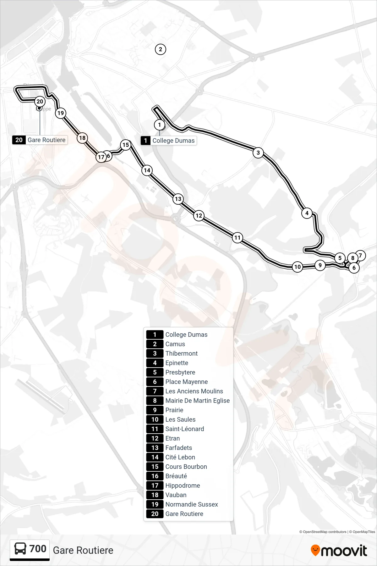 Tracé et arrêts de la ligne 700 de bus (Gare Routiere) sur une carte