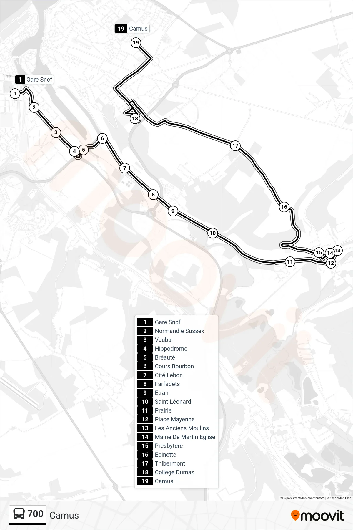 Tracé et arrêts de la ligne 700 de bus (Camus) sur une carte