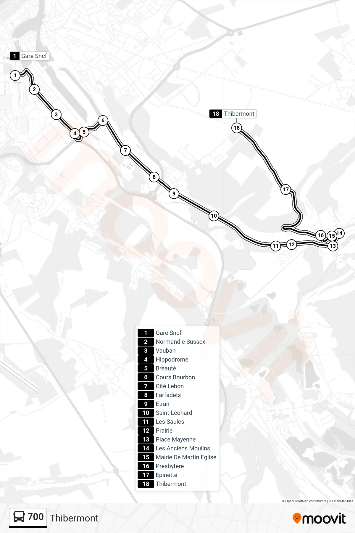 700 bus Line (Thibermont) route and stops on a map