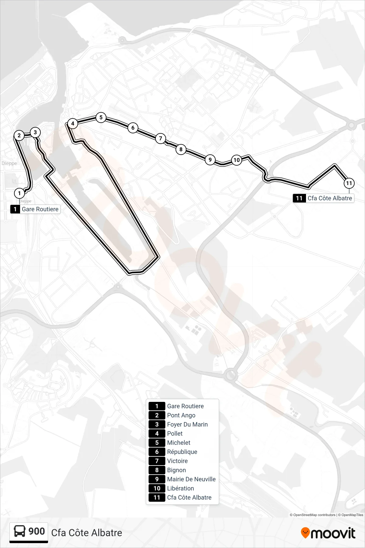 Tracé et arrêts de la ligne 900 de bus (Cfa Côte Albatre) sur une carte