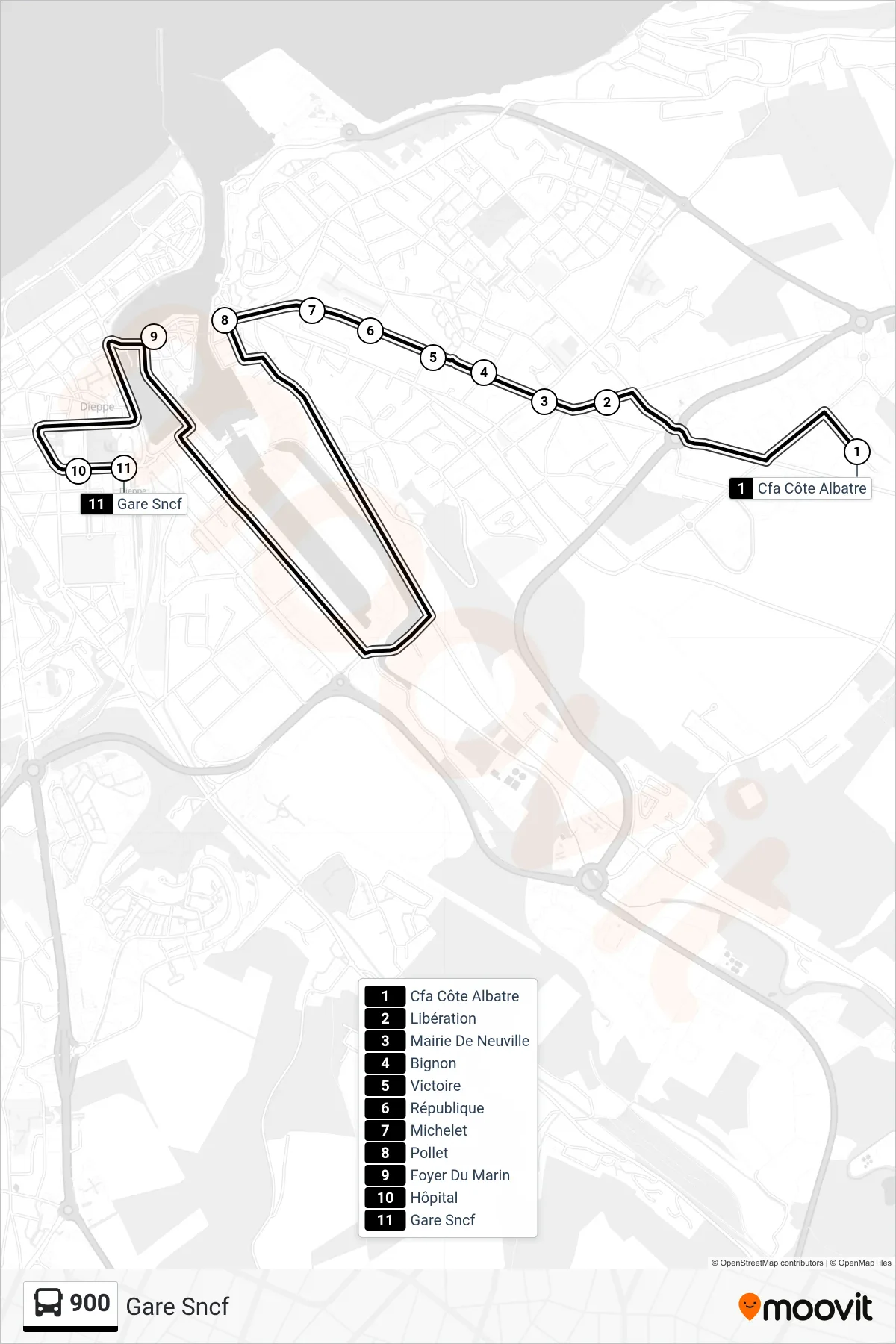 Tracé et arrêts de la ligne 900 de bus (Gare Sncf) sur une carte