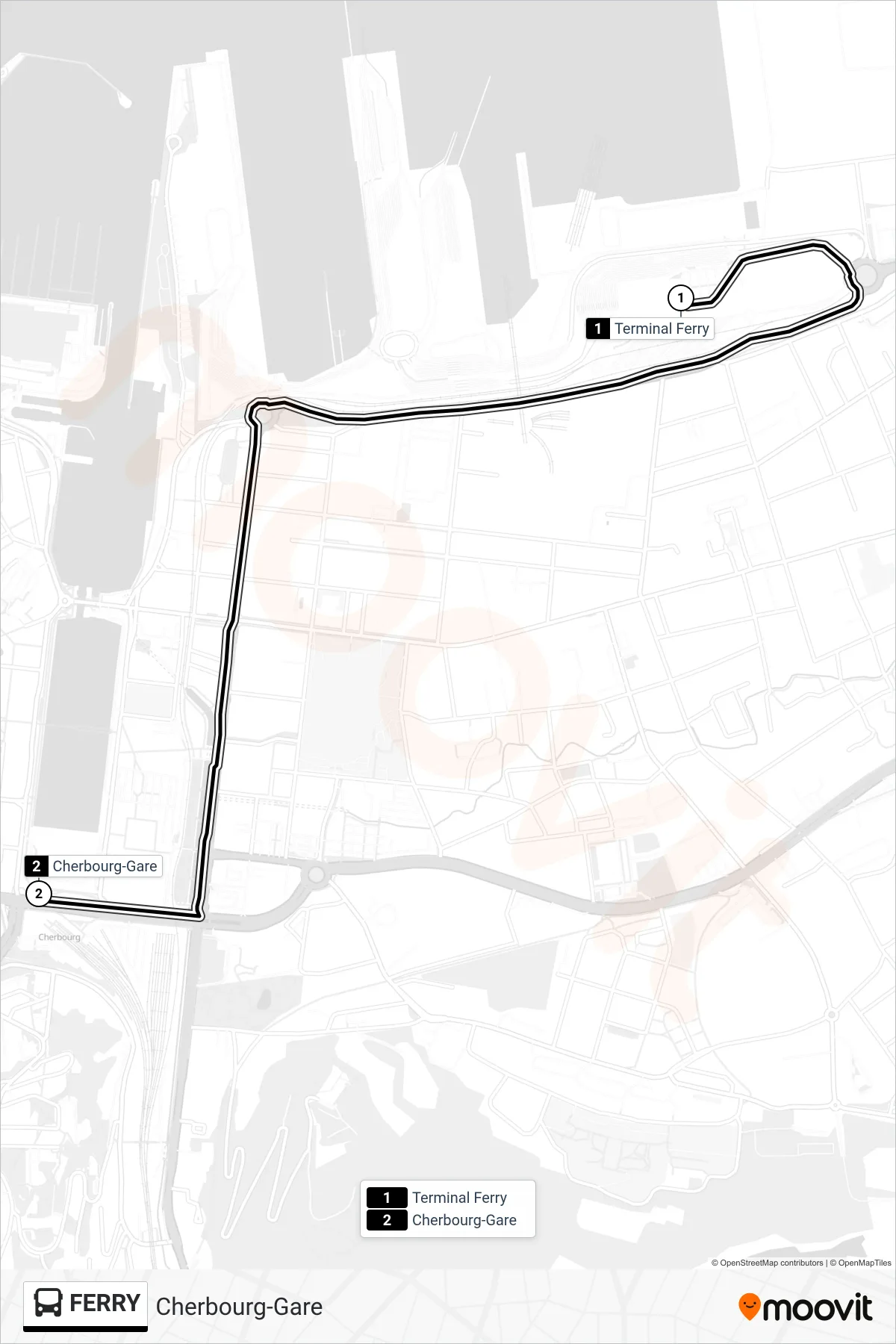 Tracé et arrêts de la ligne FERRY de bus (Cherbourg-Gare) sur une carte