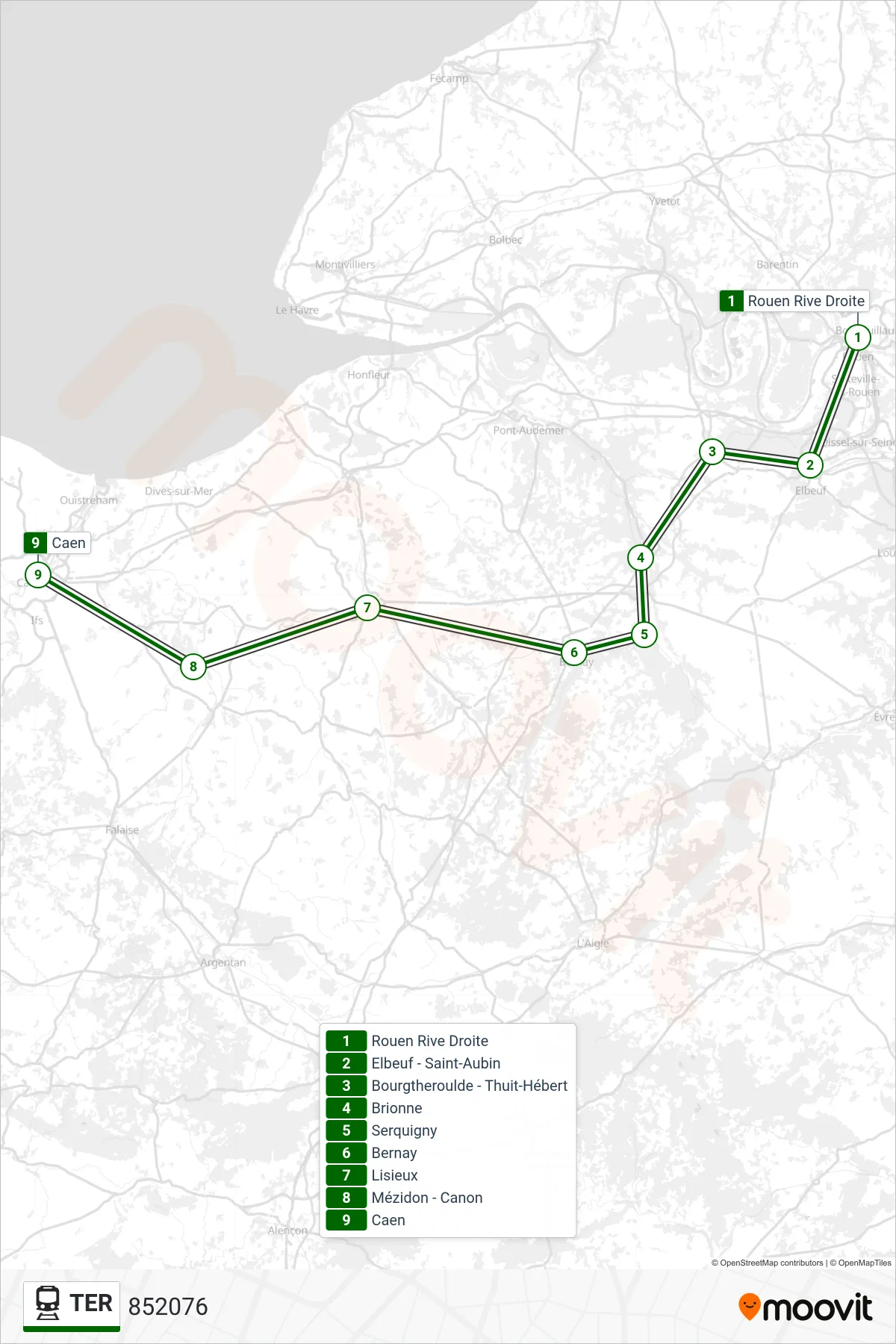 Tracé et arrêts de la ligne TER de train (852076) sur une carte