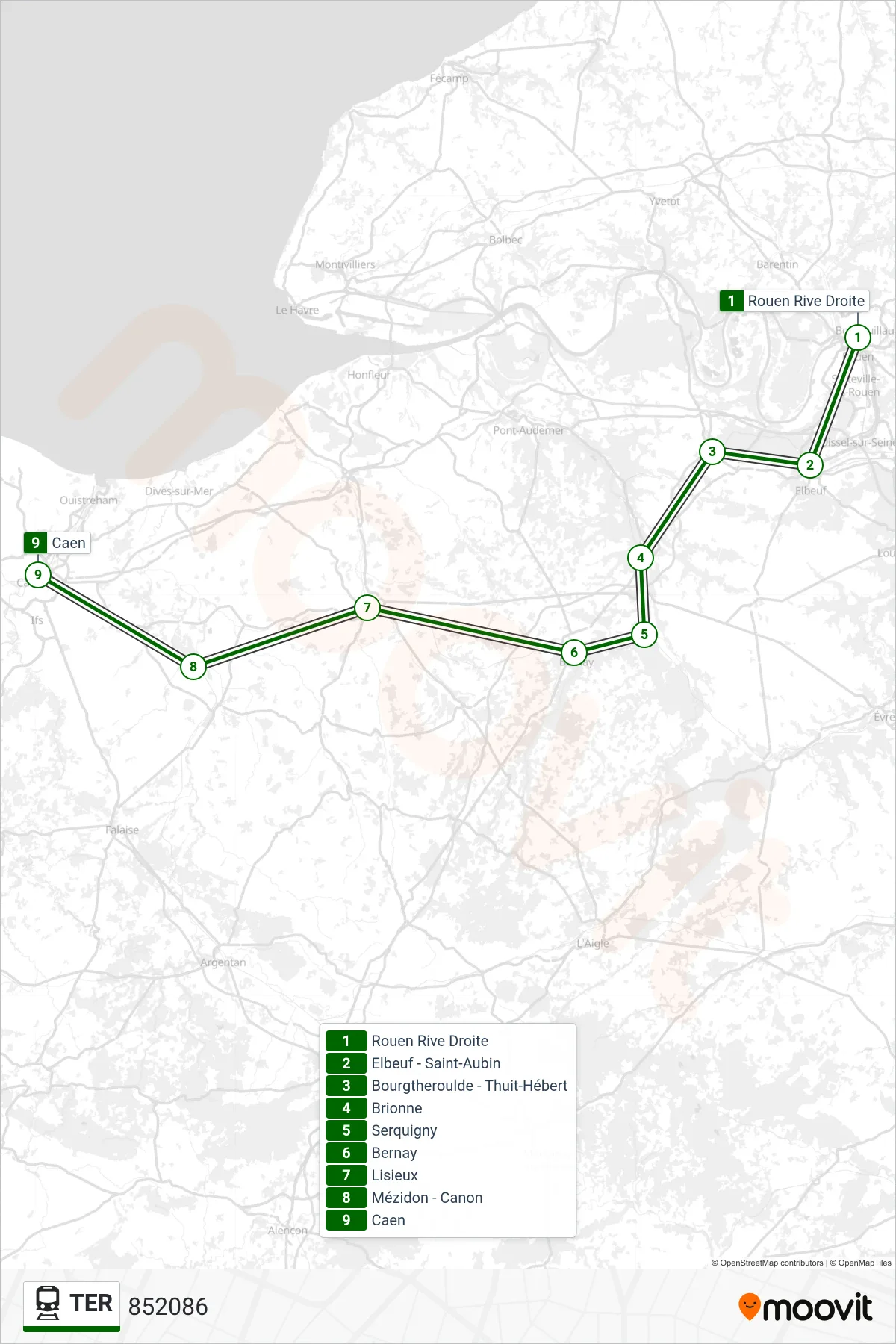 Tracé et arrêts de la ligne TER de train (852086) sur une carte