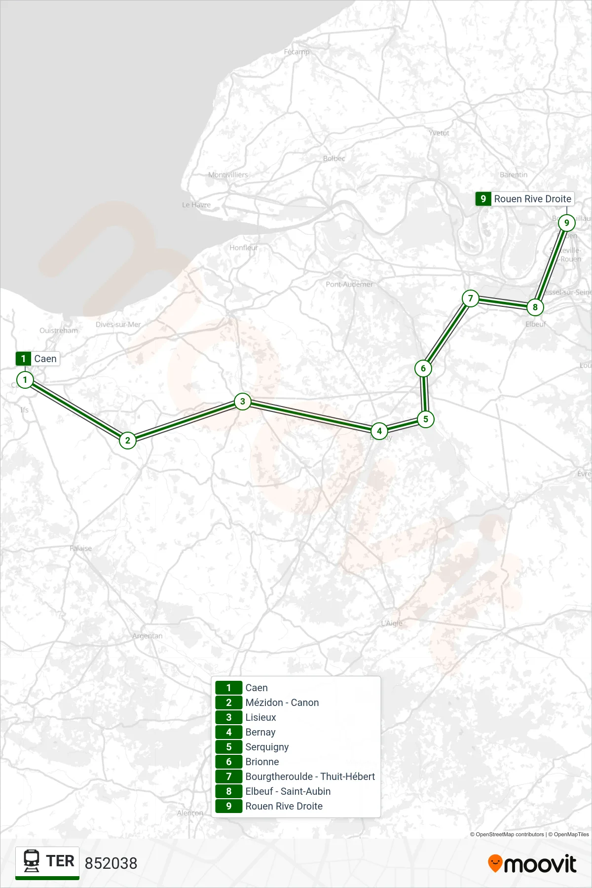 Tracé et arrêts de la ligne TER de train (852038) sur une carte