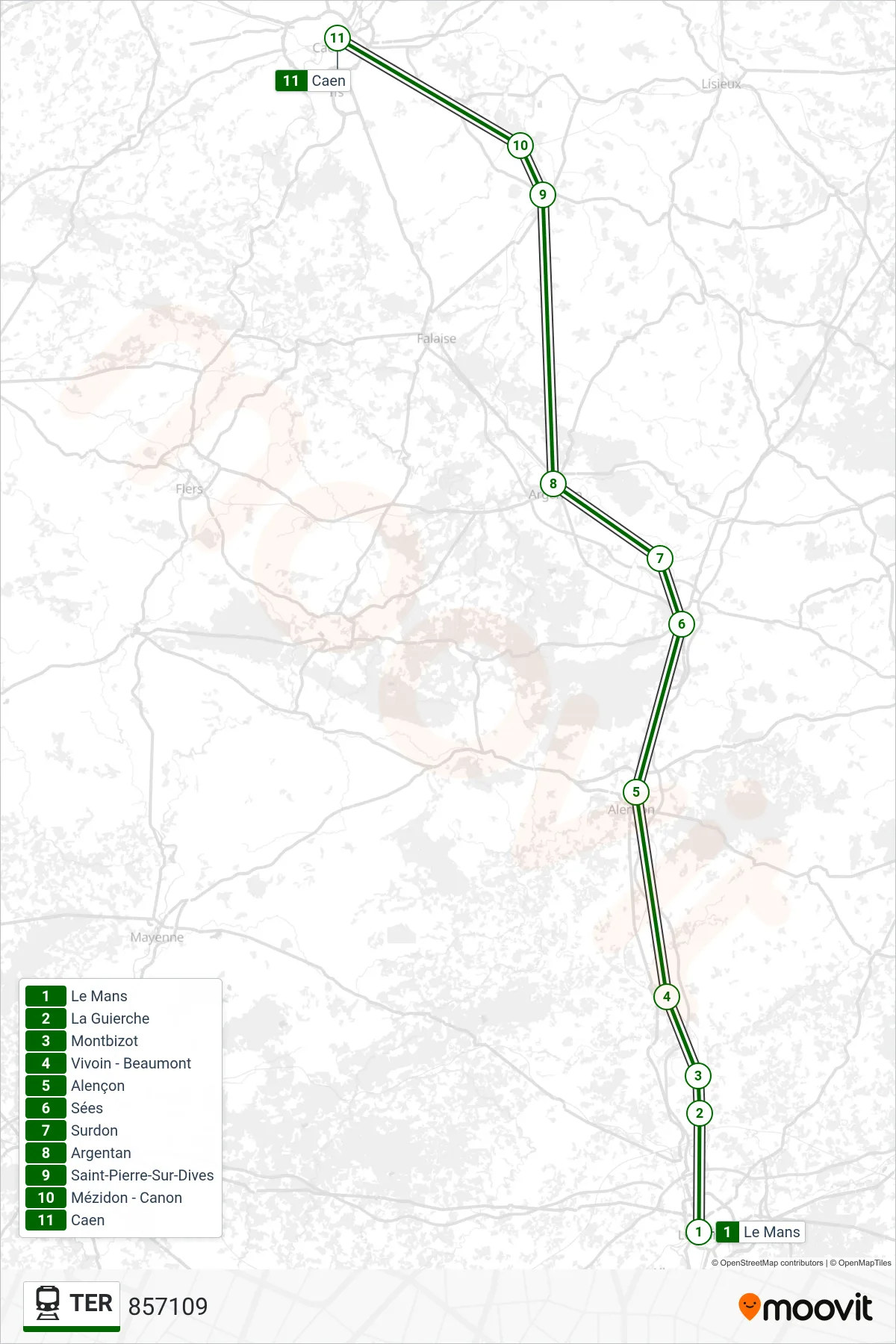 Tracé et arrêts de la ligne TER de train (857109) sur une carte