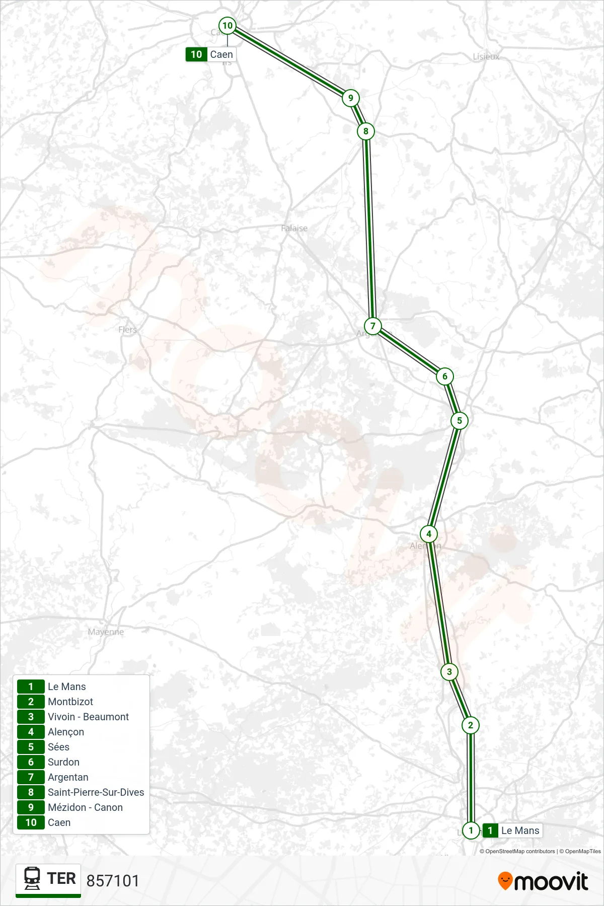 Tracé et arrêts de la ligne TER de train (857101) sur une carte