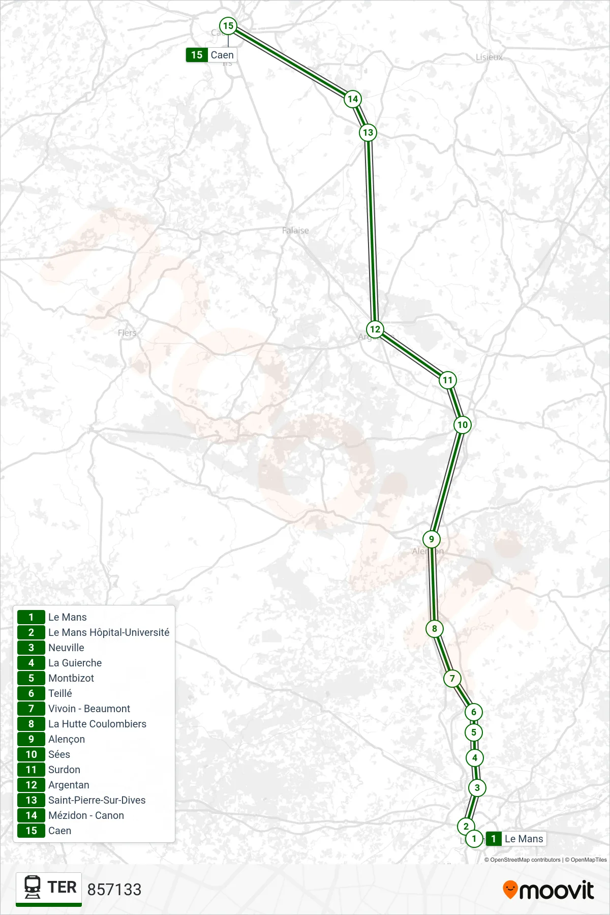 Tracé et arrêts de la ligne TER de train (857133) sur une carte