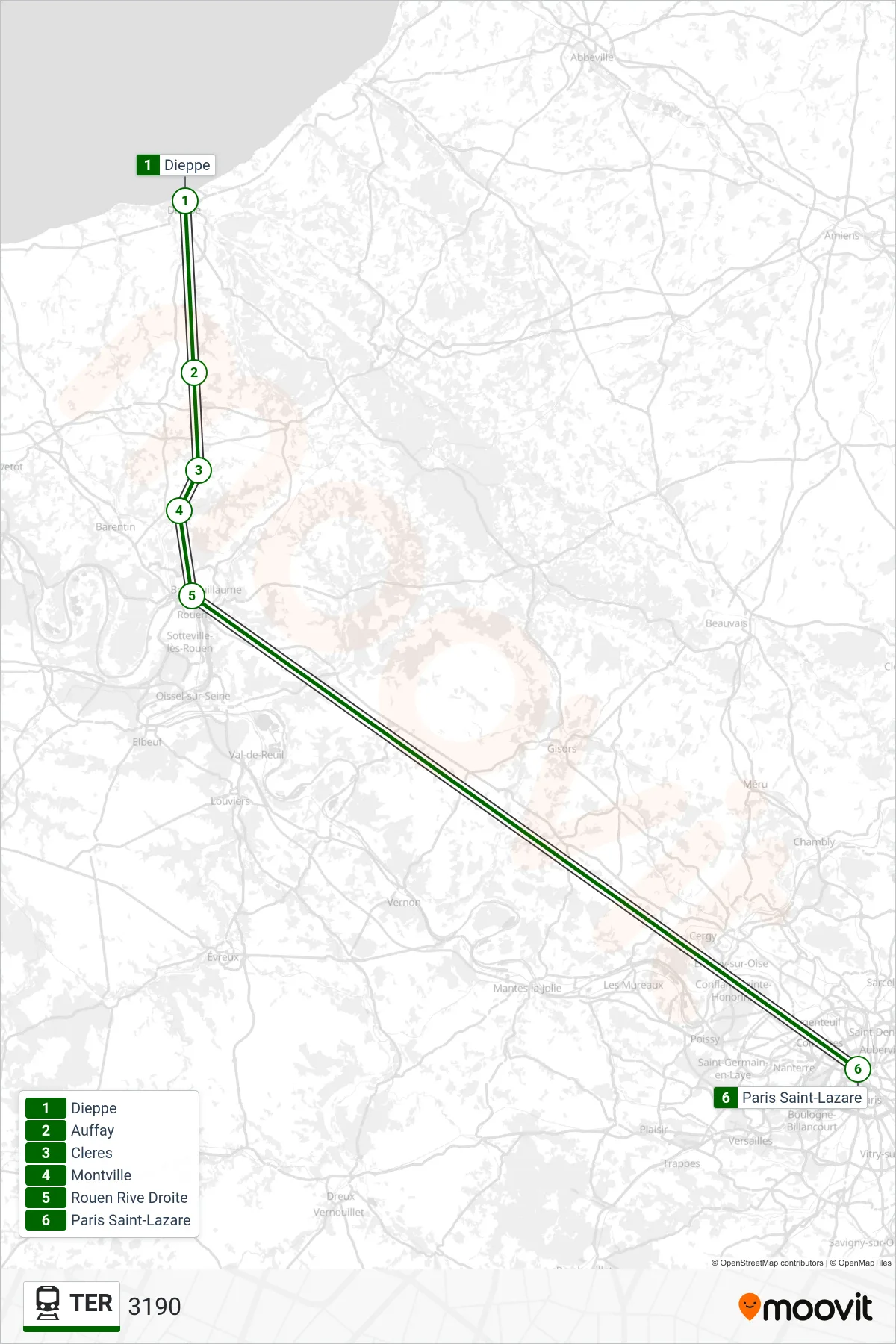 Tracé et arrêts de la ligne TER de train (3190) sur une carte