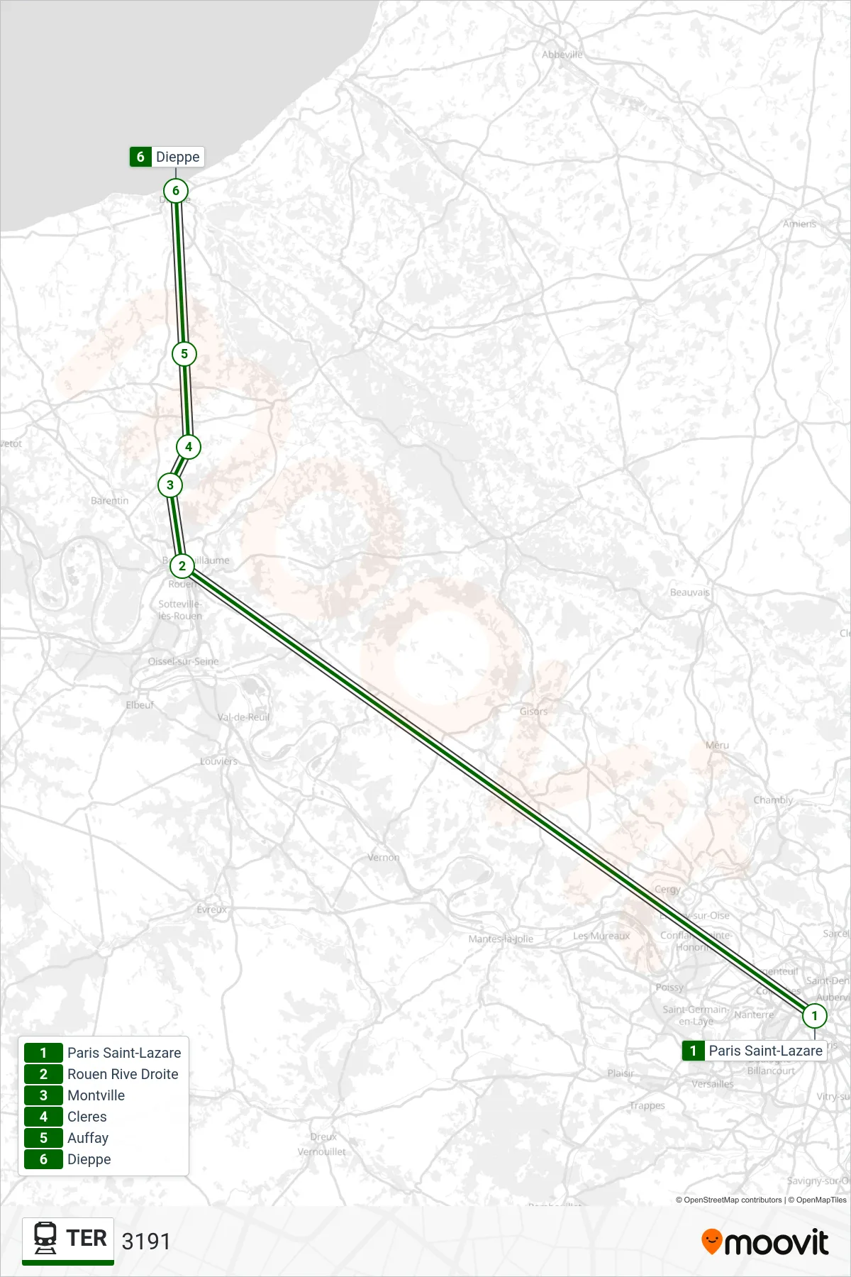 Tracé et arrêts de la ligne TER de train (3191) sur une carte