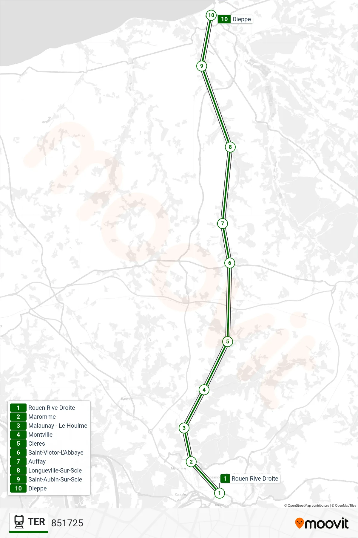Tracé et arrêts de la ligne TER de train (851725) sur une carte