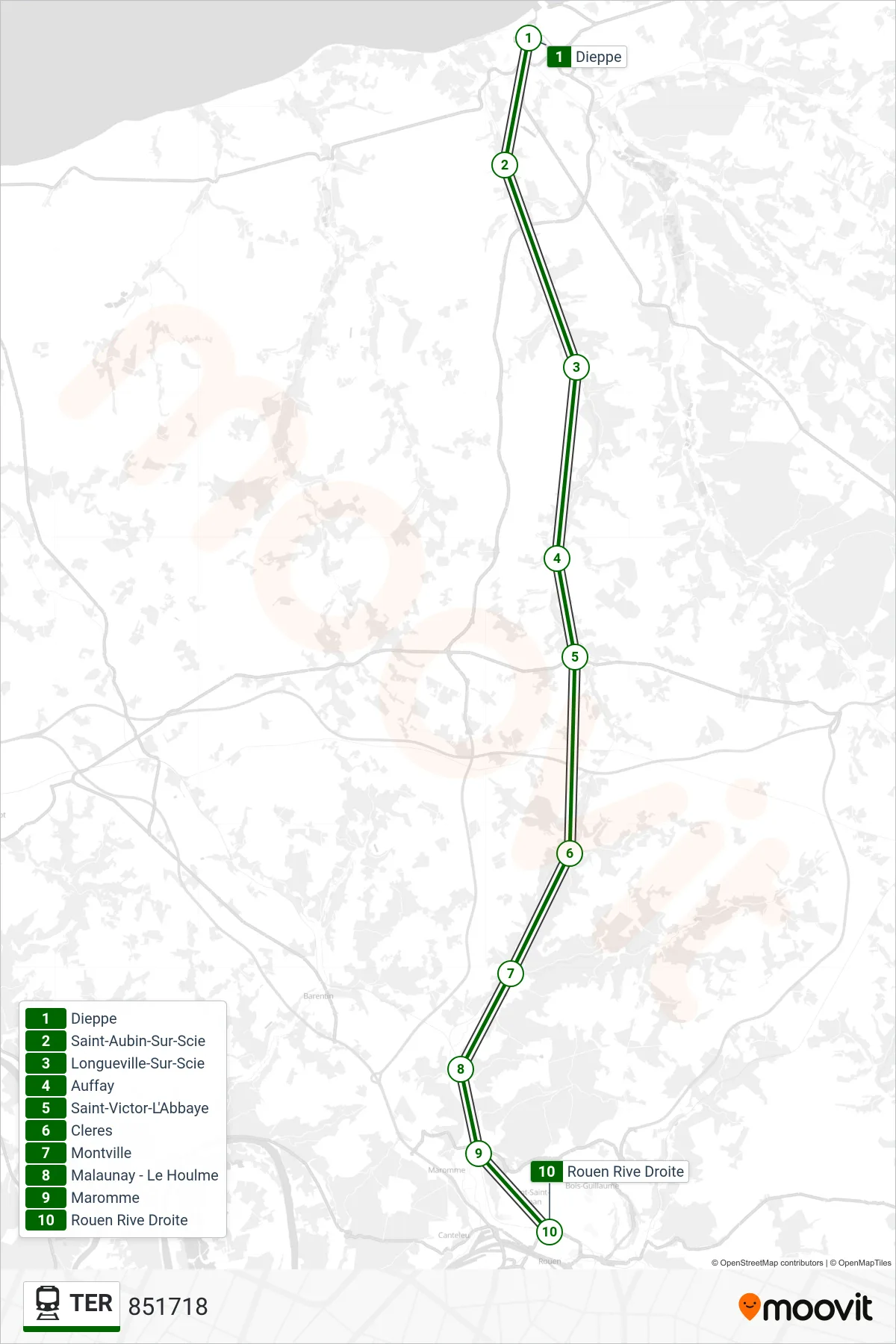 Tracé et arrêts de la ligne TER de train (851718) sur une carte