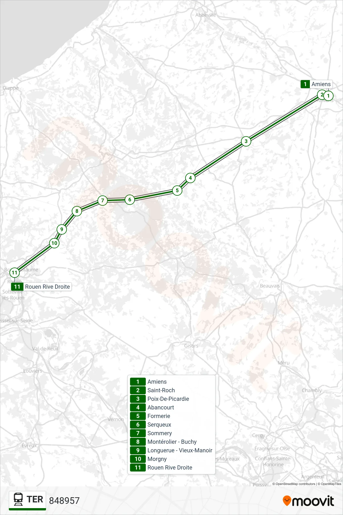 Recorrido y paradas de la línea TER de tren (848957) en el mapa