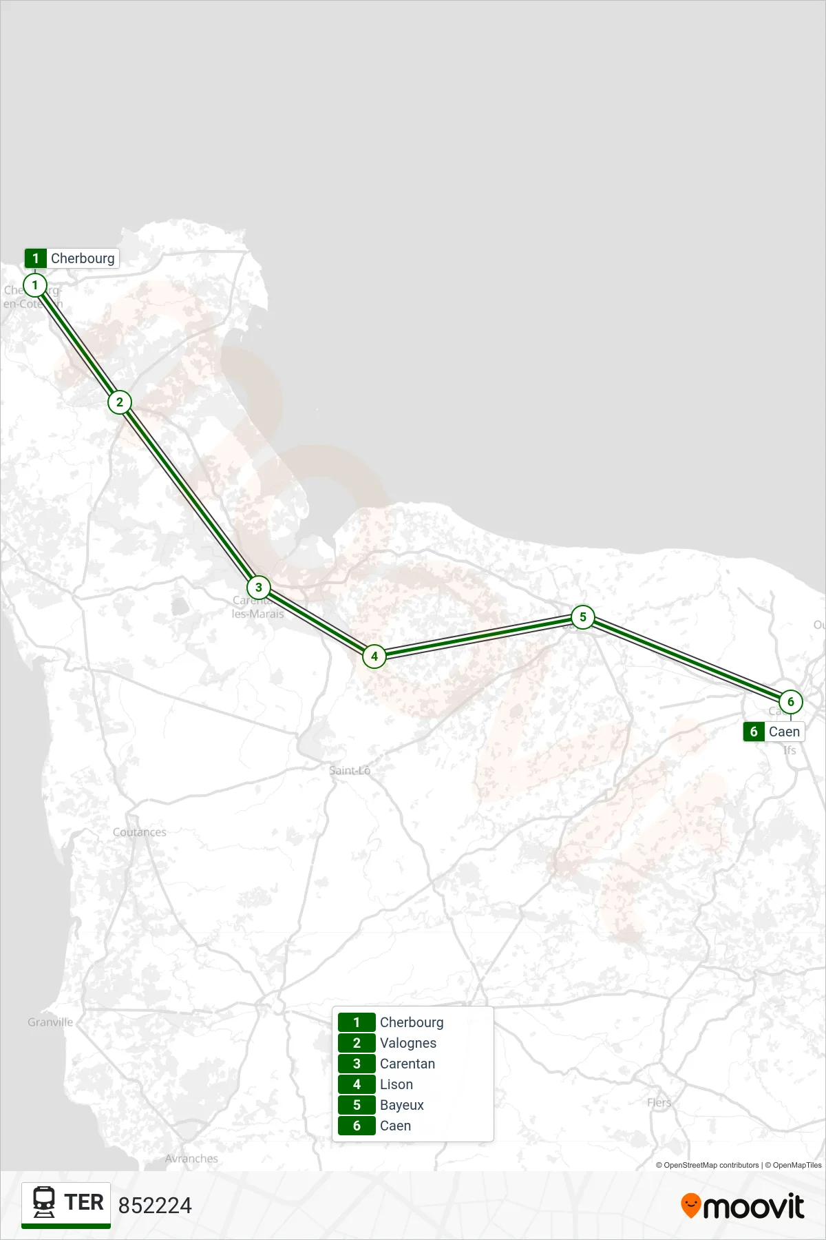 Recorrido y paradas de la línea TER de tren (852224) en el mapa