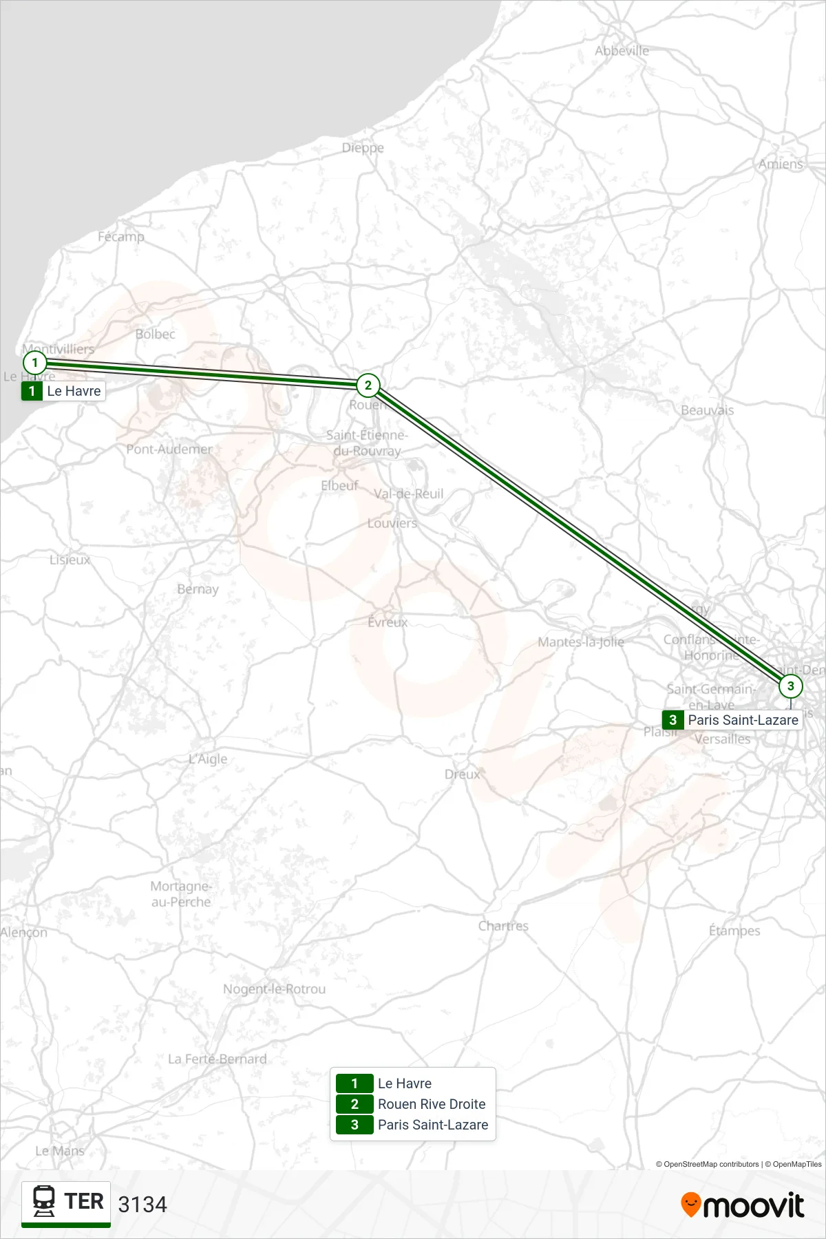 Recorrido y paradas de la línea TER de tren (3134) en el mapa