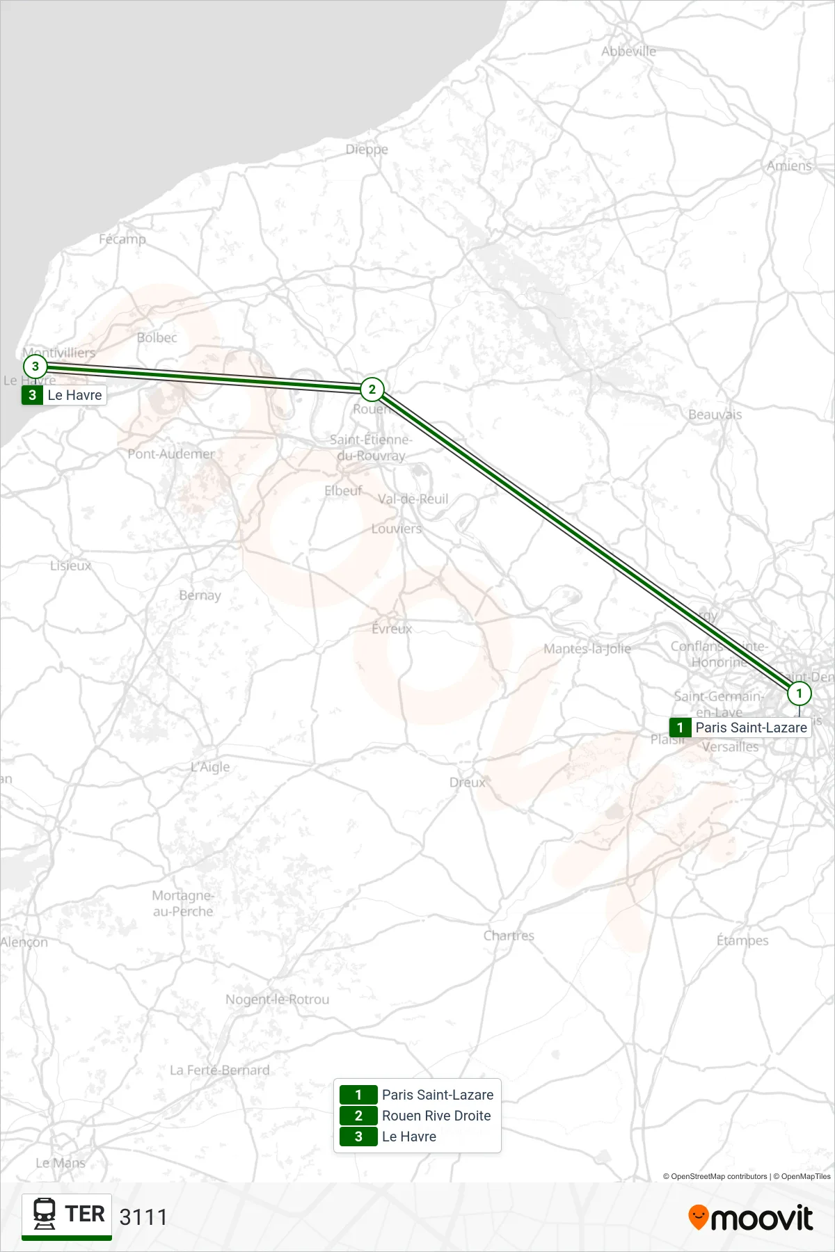 Tracé et arrêts de la ligne TER de train (3111) sur une carte